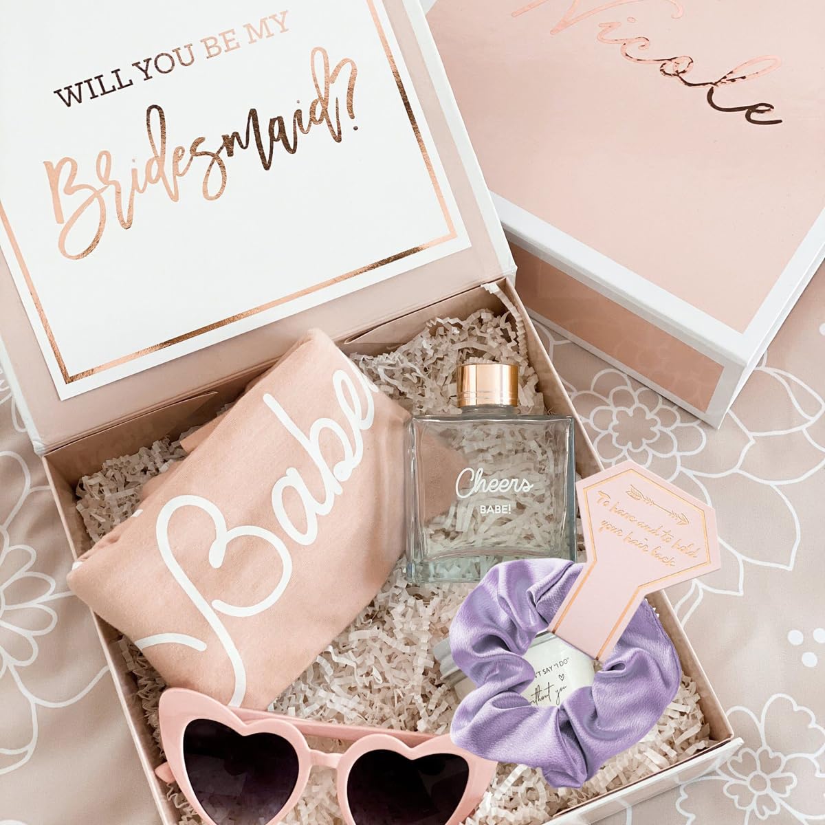 1+7 Pack Bachelorette Party Favor Retro Heart Sunglasses and Bridesmaid Scrunchies Set (Purple)