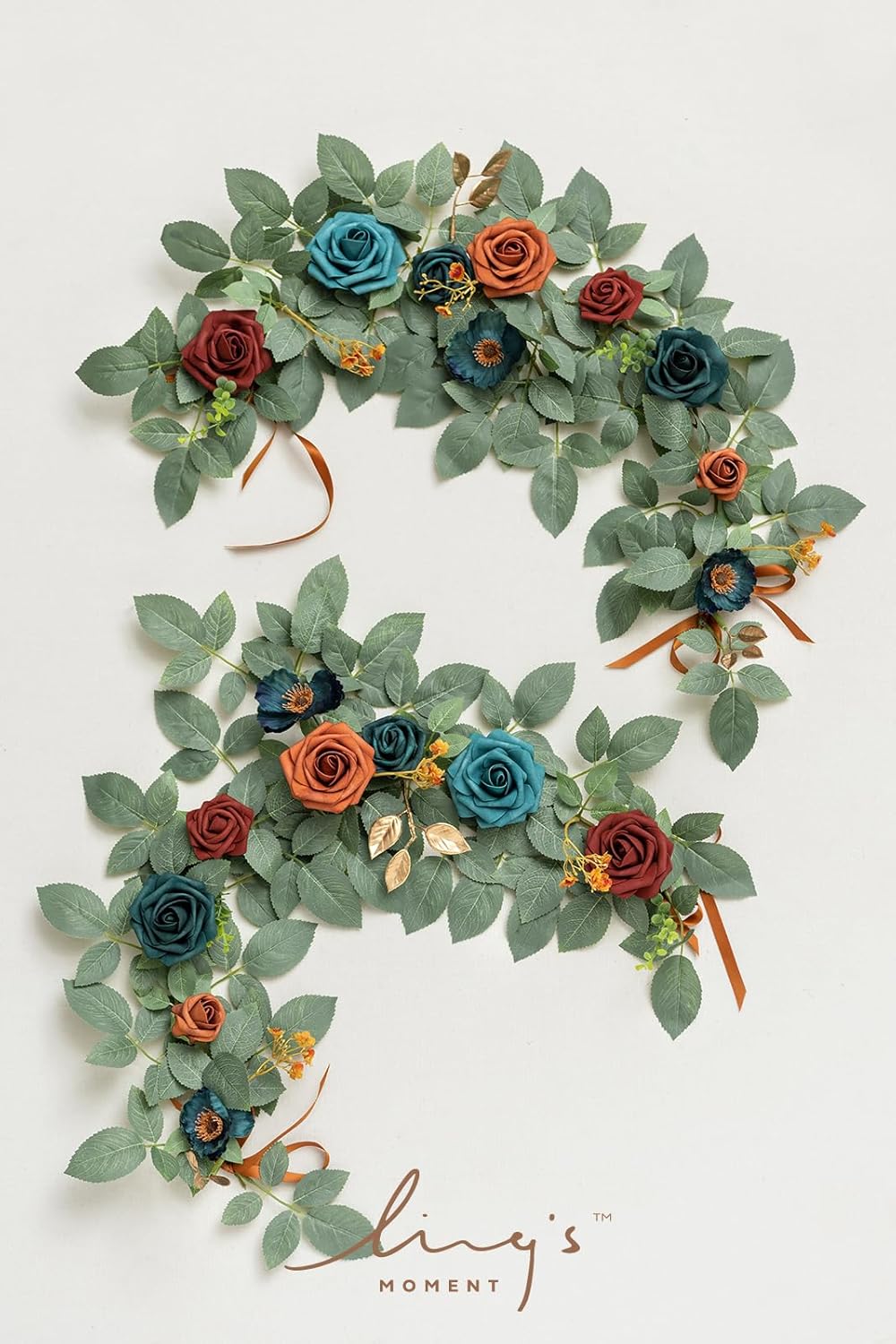 Ling's moment 2Pack 2ft Artificial Flowers Garland Teal Blue & Terracotta Lantern Flower Centerpieces Wedding Aisle Decor Chair Flowers Arch Floral for Pew Signs DIY Table Wall Window Decoration