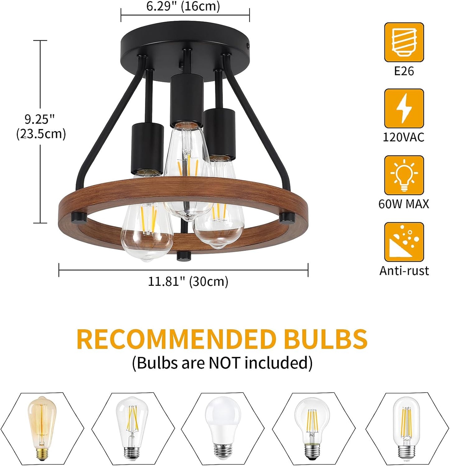 Modern Farmhouse Wood Semi Flush Mount Ceiling Light, Hallway Entryway Light Fixtures, 3-Light Rustic Industrial Ceiling Lamp for Kitchen Bedroom Dining Room Laundry Room Lighting, UL-Listed
