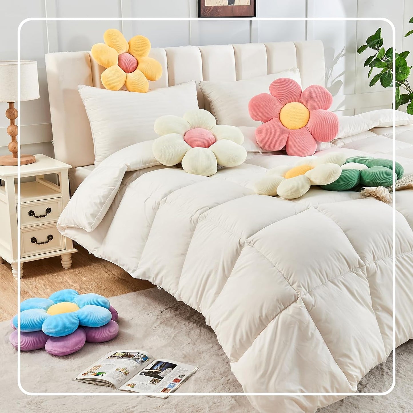 White Yellow Flower Pillow, 14.9" Cute Flower Shaped Floor Pillow, Aesthetic Floral Plush Daisy Decorative Throw Pillows for Bed Sofa Couch