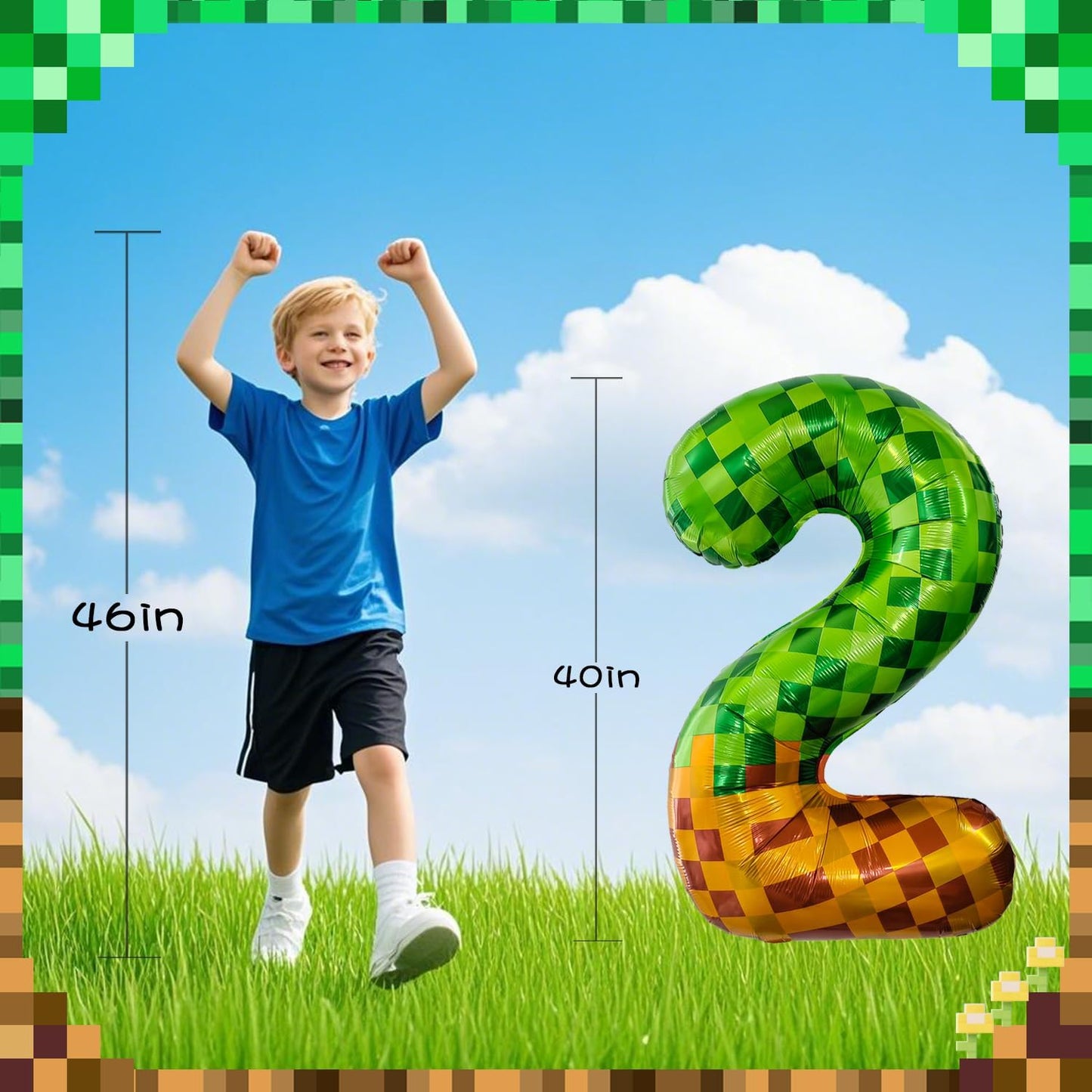 Pixel & TNT Theme 40in Giant Number Balloons - Foil Mylar Birthday Party Decorations for Kids Adults Cumpleaños, Block Style Pixel Art Shape Balloon Decor Supplies (Pixel, Number 2)