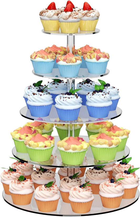 weddingwish 5 Tier Round Cupcake Stand for 50 Cupcakes, Acrylic Cupcake Display Stand, Clear Cupcake Tier Stand, Cupcake Holder Stand for Birthday Party Baby Shower