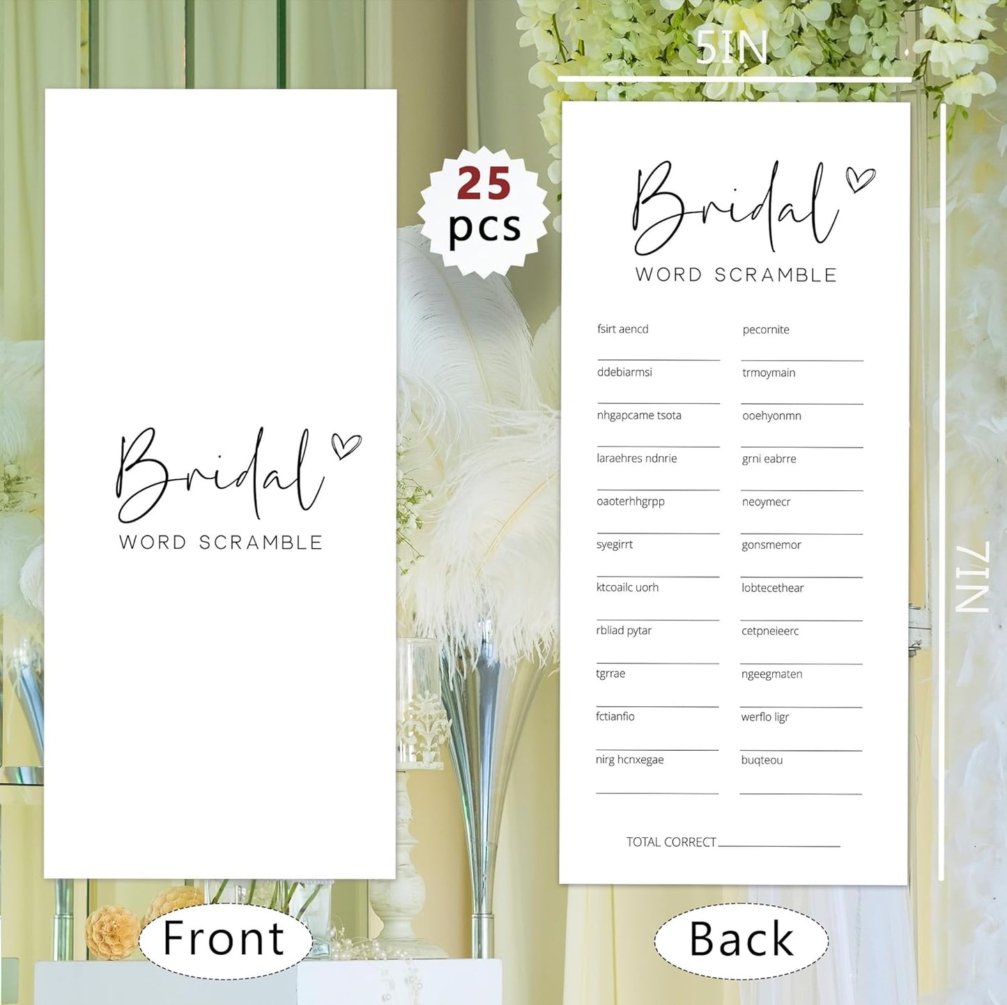 Bridal Shower Games, Word Scramble, 25Pcs 4x9inch Minimalist White Double-Sided Bridal Game Cards with 1 Answer Key, Wedding Shower Games for Guests, Engagement Bachelorette Party Supplies - A01