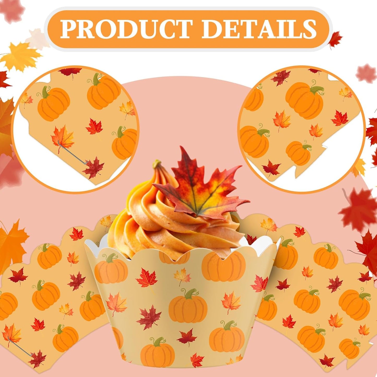 Domensi 100 Pcs Fall Pumpkin Maple Leaf Cupcake Wrappers Rustic Cupcake Liners Thanksgiving Baking Cups Baking Liners for Autumn Wedding Bridal Baby Shower Birthday Party Supplies Dessert Decoration