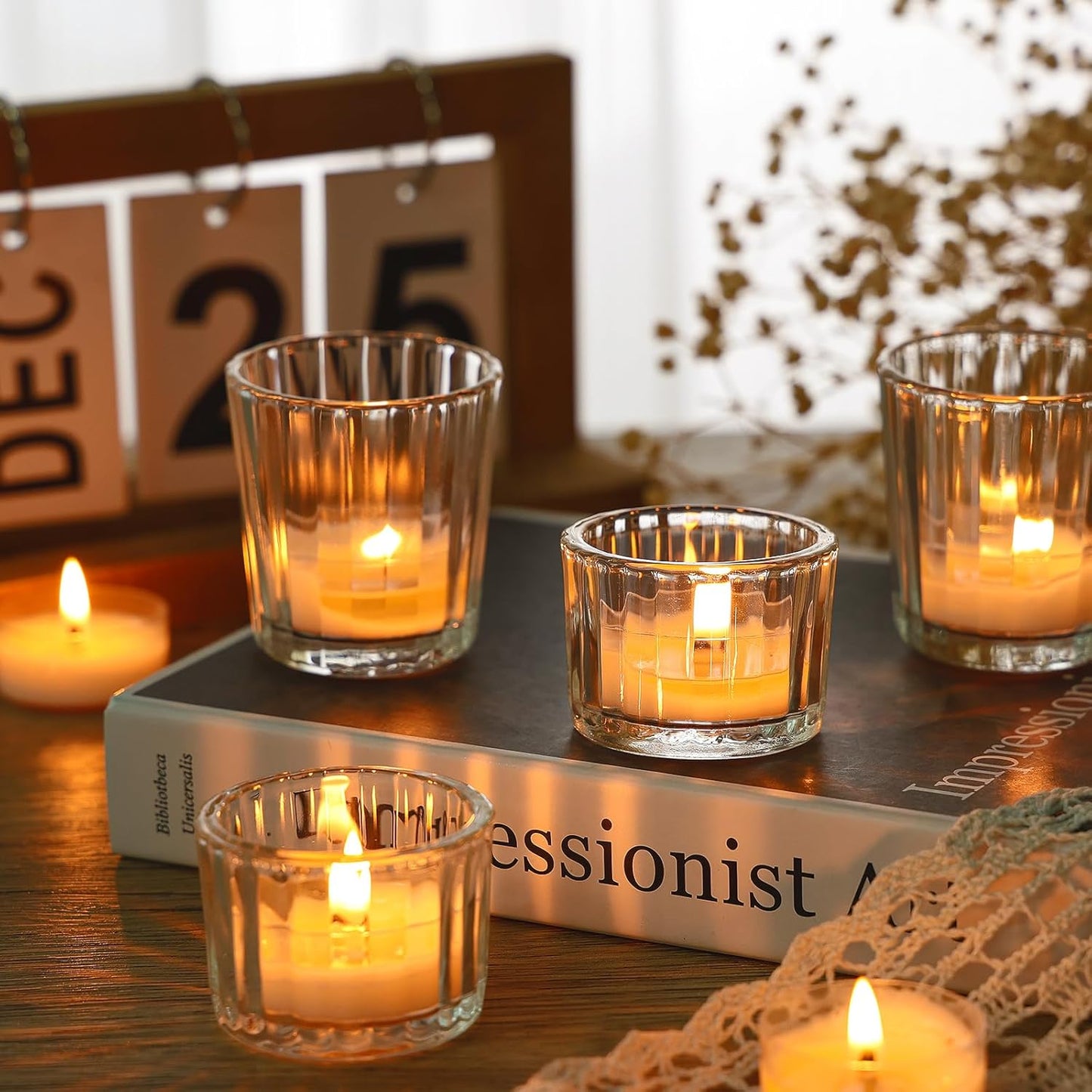 24 Pcs Ribbed Clear Votive Candle Holders – Glass Tea Light Candle Holder for Weddings, Baby Showers, Home Decor, Party Centerpieces, and Table Decoration