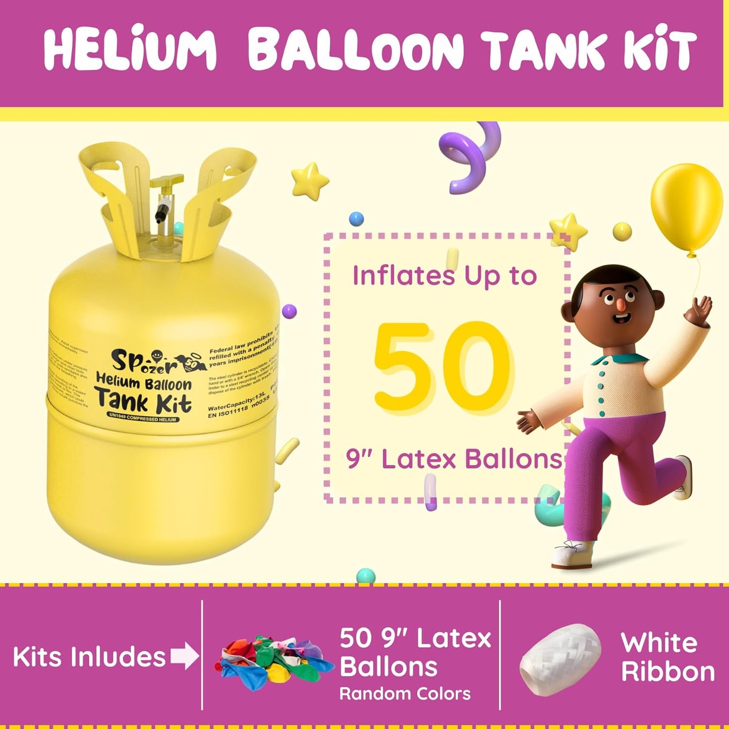 13L Helium Tank Up To 50 Latex Balloons, Helium Tank For Balloons At Home, 50 Latex Balloon And Ribbons Included.