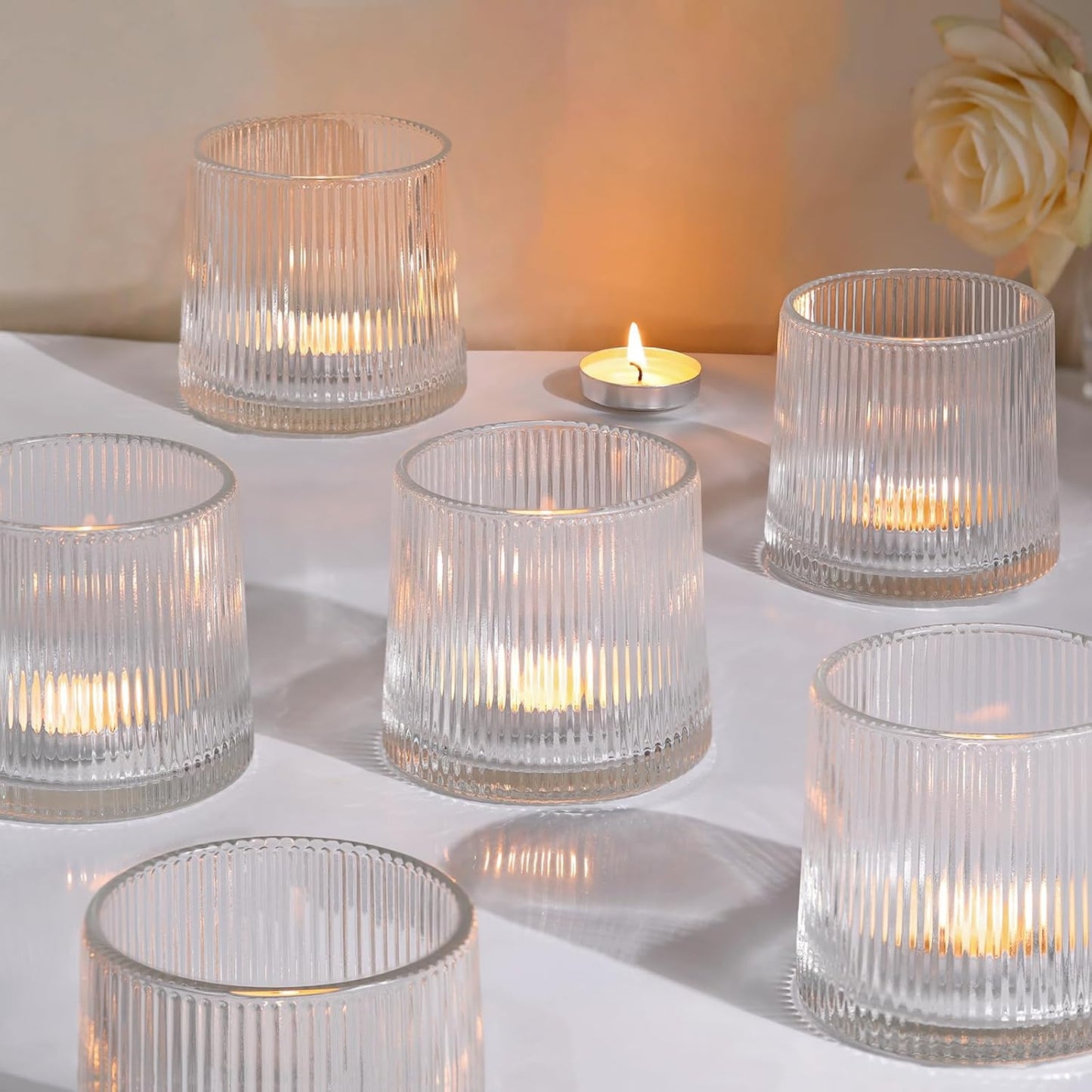 DARJEN Clear Ribbed Tealight Votive Candle Holders- 6Pack Glass Candle Holders for Table Centerpiece, Home Decor, Wedding Decor, Party Dinner
