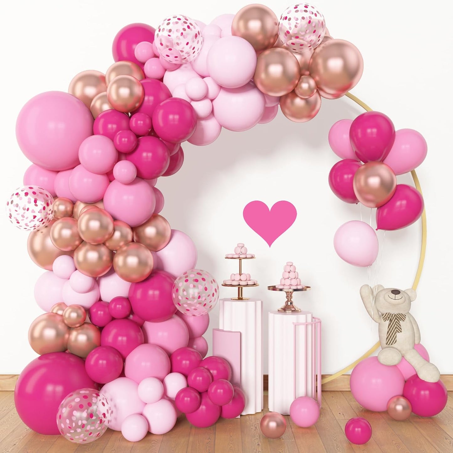 Amandir 153pcs Pink Balloon Garland Arch Kit, Different Sizes 18 12 10 5 inch Hot Pink Latex Metallic Confetti Rose Gold Balloons for Birthday Baby Shower Wedding Party Decorations