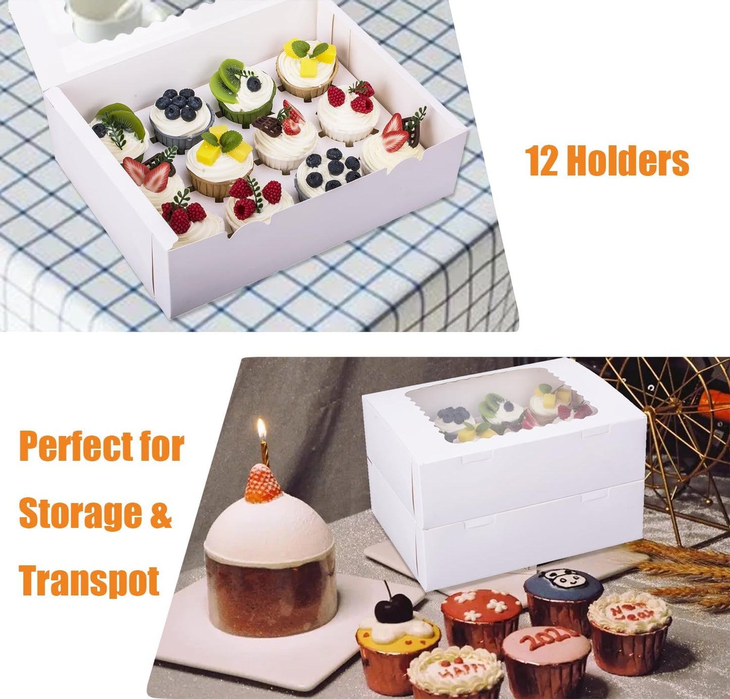 30-Set Cupcake Boxes Hold 12 Standard Cupcakes, Food Grade Cupcake Holders Bakery Carrier Boxes with Windows and Inserts for Cupcakes, Muffins and Pastries (White-30 Pack)