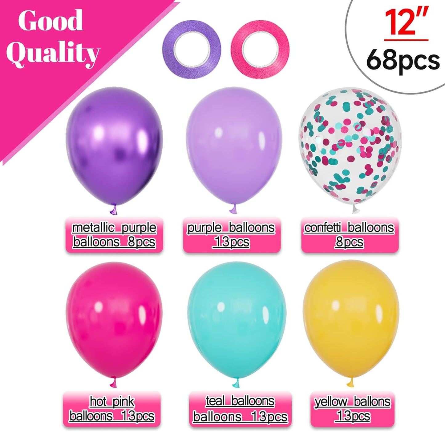 68Pcs Pink Purple Blue Balloon 12 Inch Confetti Balloons Yellow Teal Balloon for Kids Birthday Baby Shower Magic Theme Decoration Engagement Party Supplies.