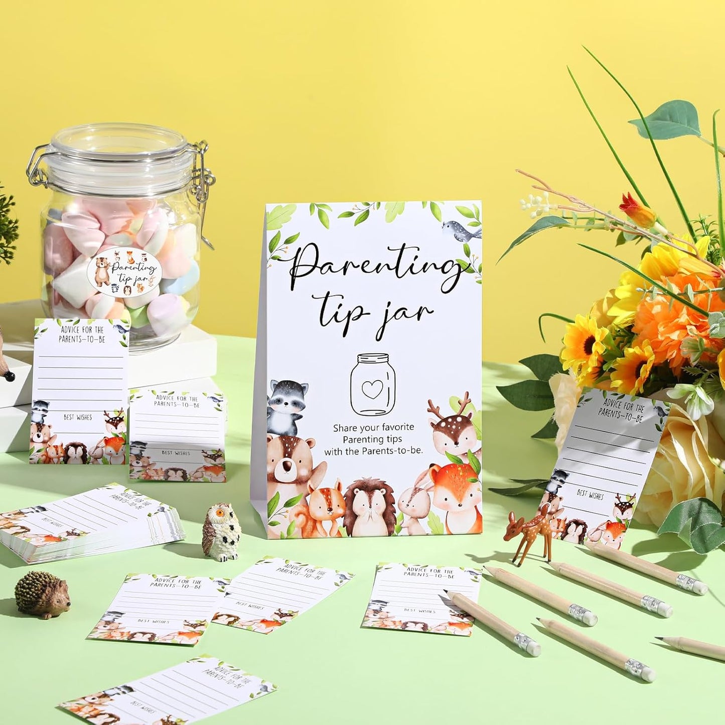 Roowest Baby Shower to Baby Advice Cards for New Parents to Be - Tip Jar Sign for New Parents 60 Parenting Advice Cards 10 HB Pencils 2 Cute Stickers 1 Pet Bottle for Guests Games(Woodland)