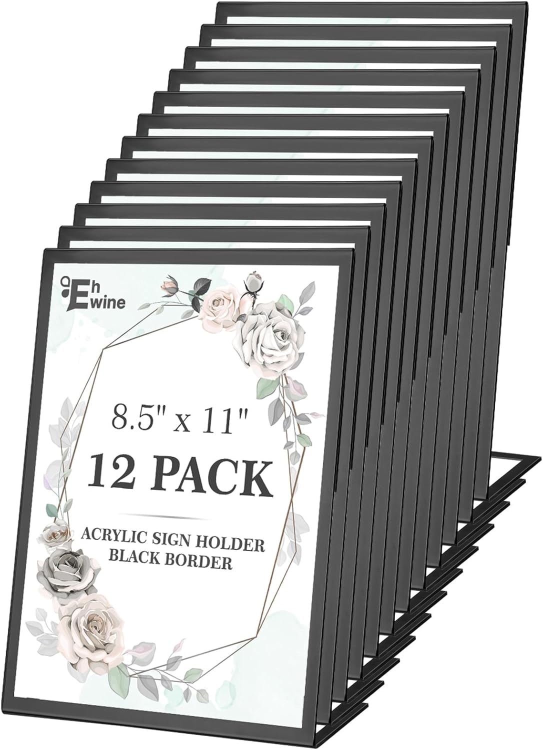 EHWINE 12 Pack Acrylic Sign Holder 8.5 x 11, Black Picture Frame Stand up Table Top Sign Holders, Slanted Back Paper Holder Clear Display Stand Menu Flyer Holder for Wedding Party