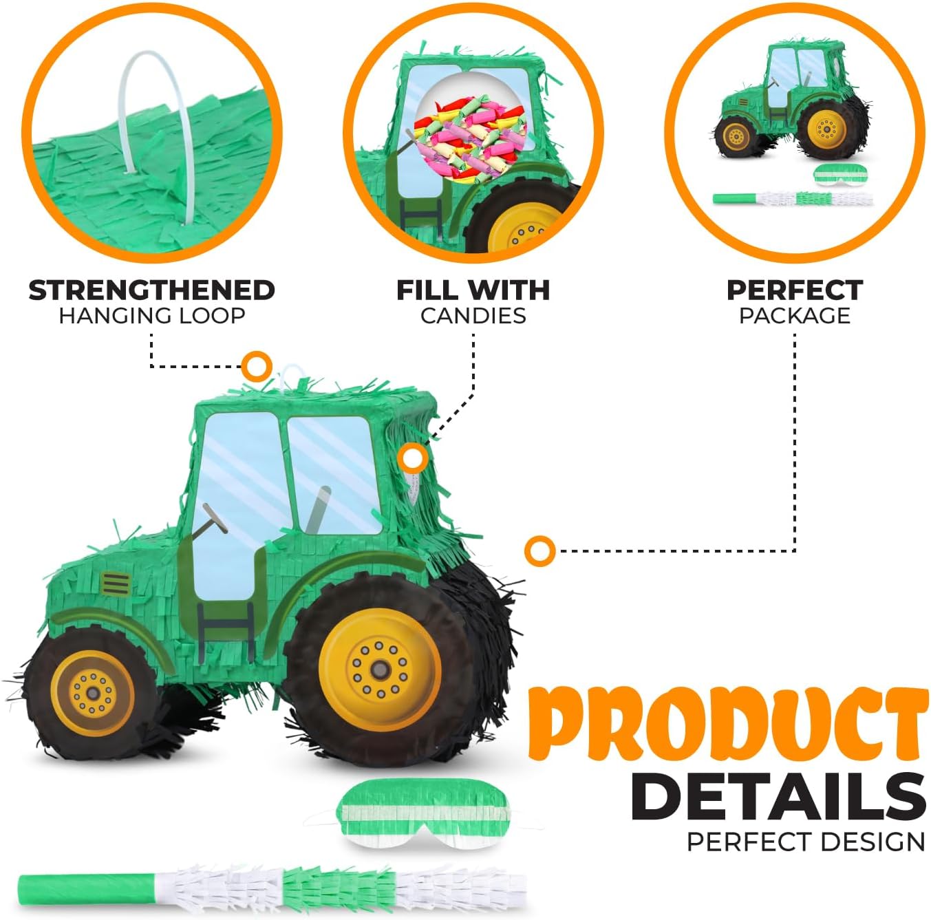 Tractor Pinata Bundle with a Blindfold and Bat(15.8 x 6.7 x 12 Inches), Kids Excavator Pinata for Construction Birthday Parties, Boys Birthday Party Supplies