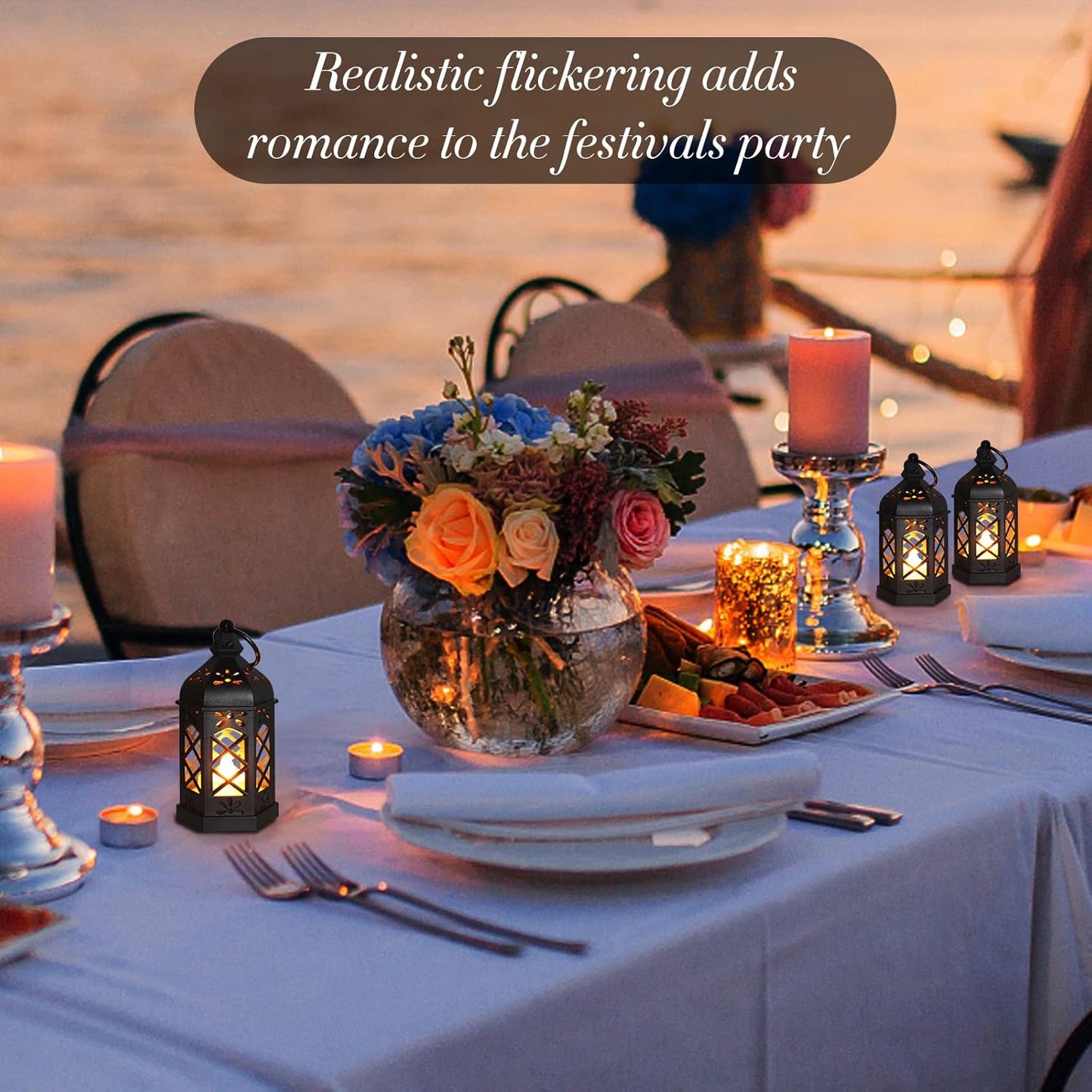 LLQ 12Pcs Mini Lantern with LED Candle, Small Black Lanterns Decorative for Halloween Decorations, Christmas Table Centerpiece, Flickering Candle Holders for Diwali Wedding Medieval Decor, Ornaments