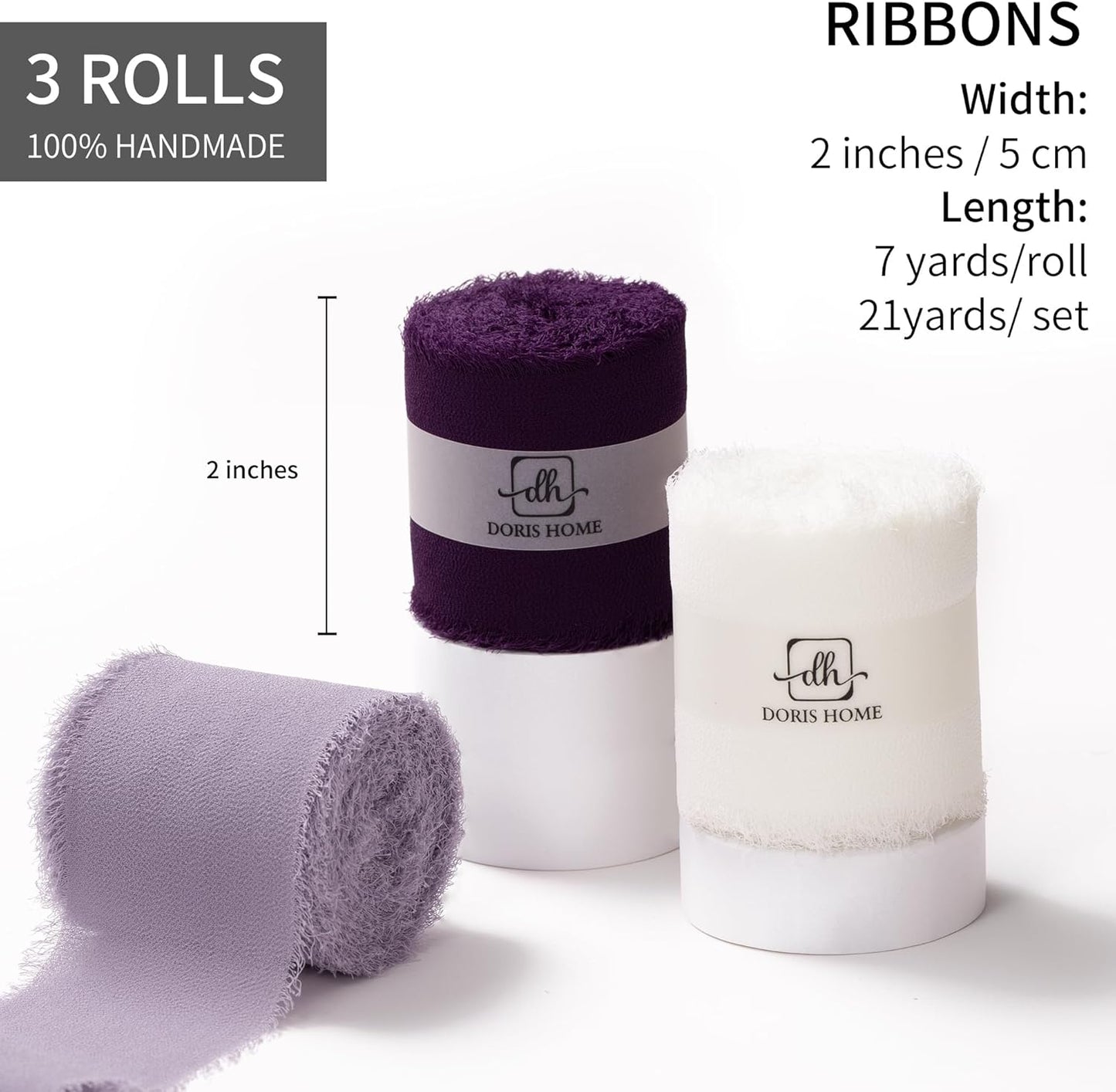 DORIS HOME 2" x21Yd Chiffon Ribbon for Flower Bouquet, Purple & Ivory Fabric Ribbon for Gift Wrapping, Handmade Frayed Ribbon for Wedding, Chiffon Silk Ribbon for Christmas Decorations