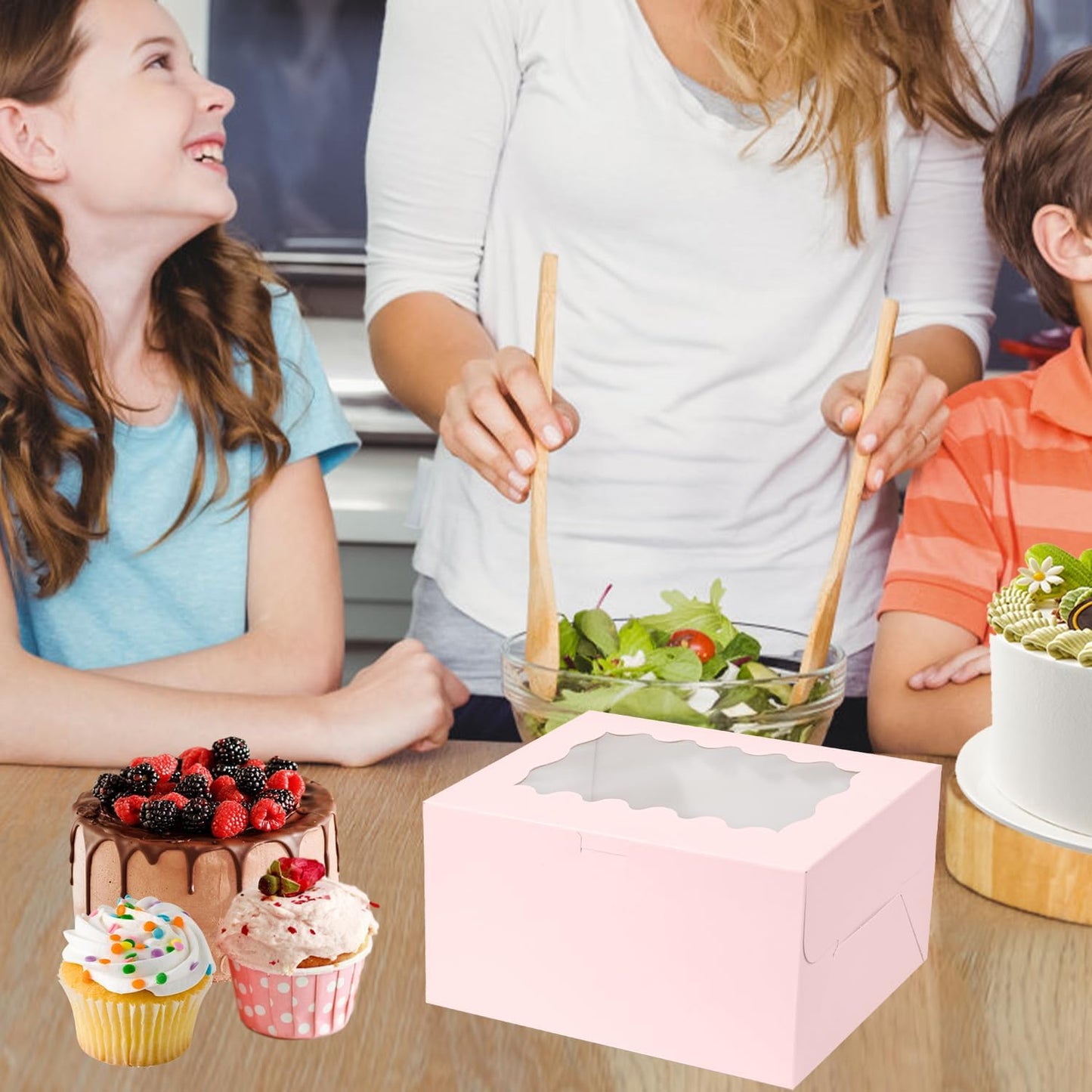 JCD 8Pcs Pink Cake Cupcake Combo Boxes Clear Lid with 2 Cupcake Holes -Clear Window Bento Cake Boxes for Bakery Baking Supplies(Pink 1+2/8Pcs)