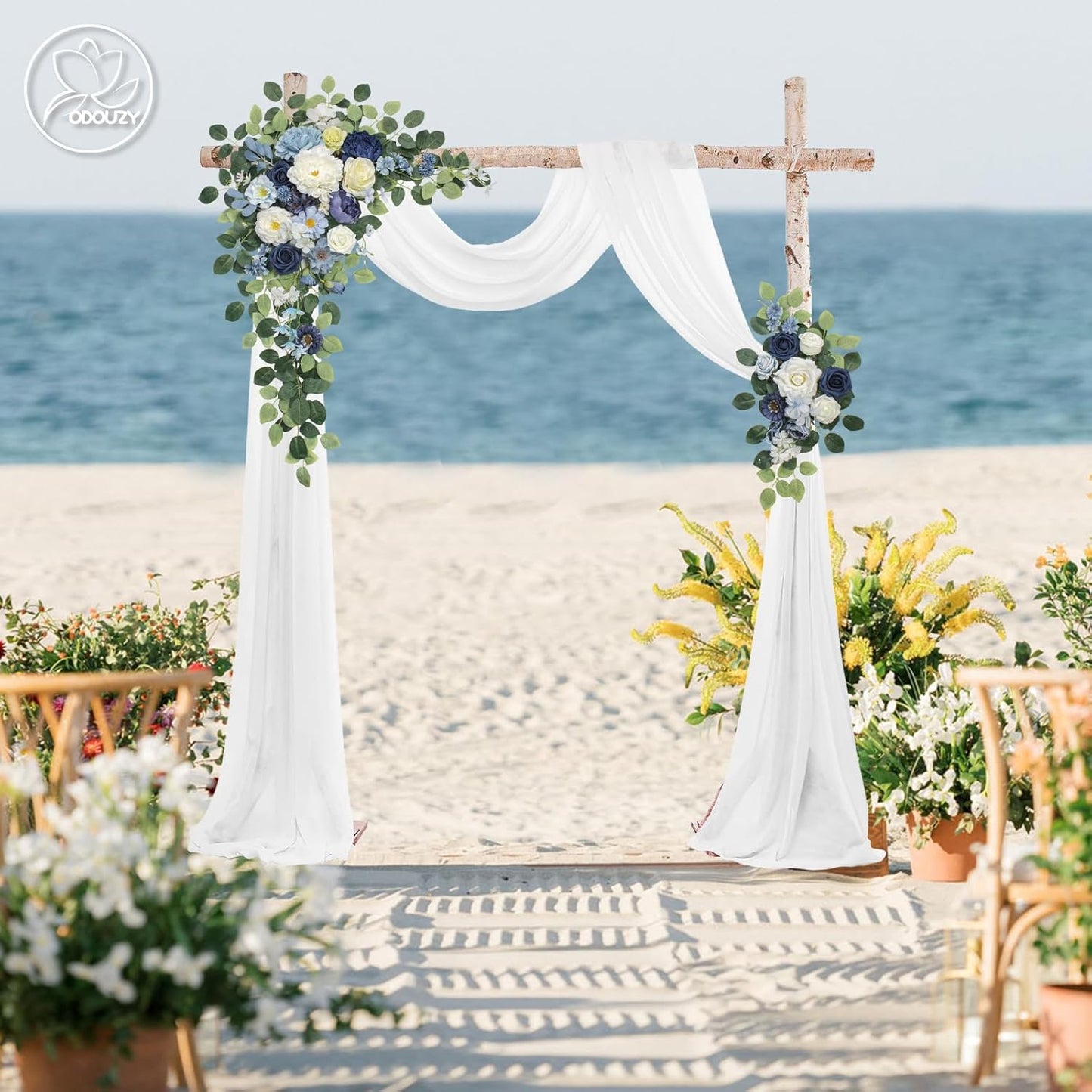 Wedding Arch Flowers Kit,Artificial Flower Arch Decor (Set of 3),2pcs Artificial Flower Arrangement with 1pc Sheer Drape for Wedding Decor Reception Backdrop Floral Decorations (Blue)