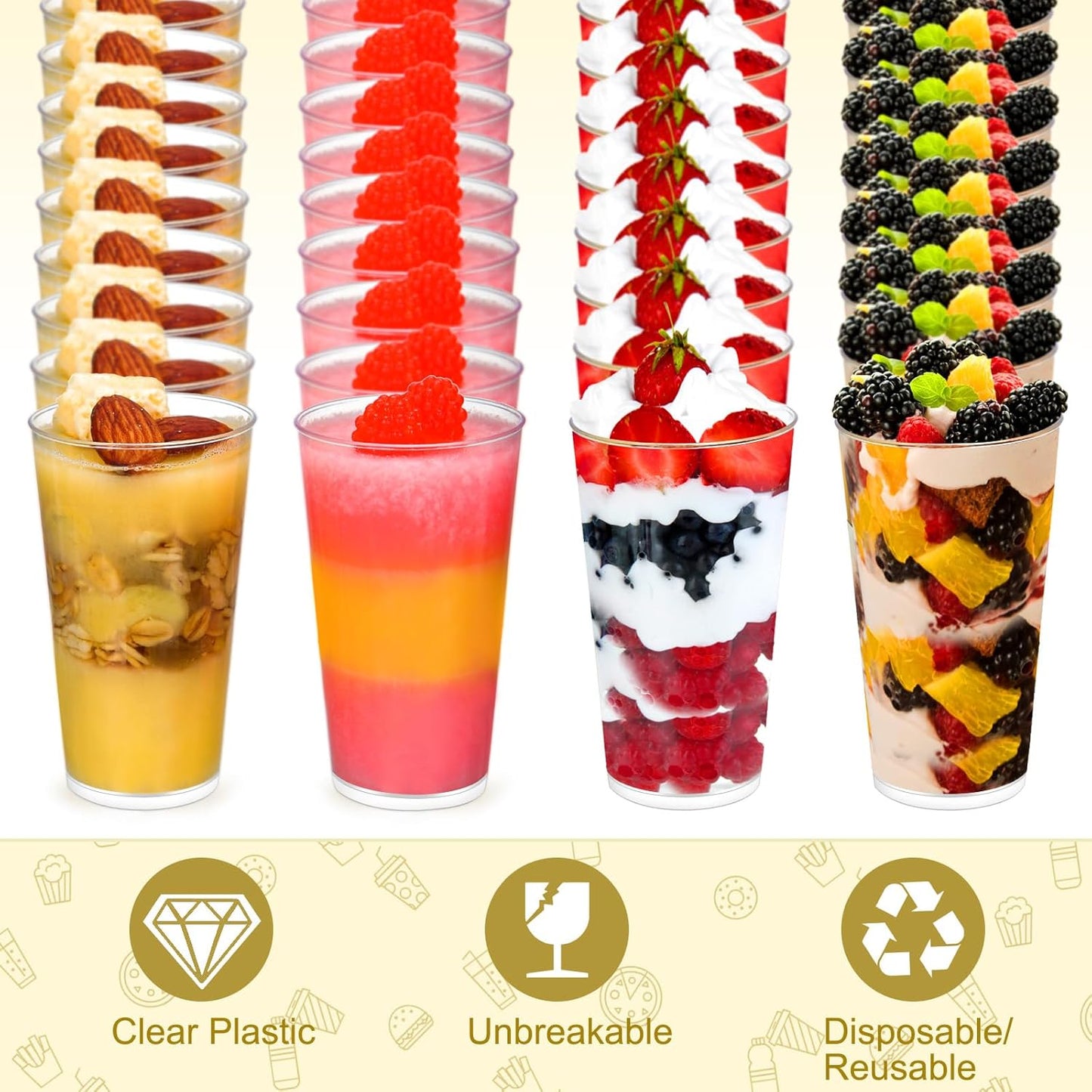 CHENGU 3 Oz Dessert Cups with Spoons Mini Shooter Cups Small Round Tableware for Parfait Appetizer Pudding Tasting for Event Festival Birthday Party Supplies(150 Pieces)