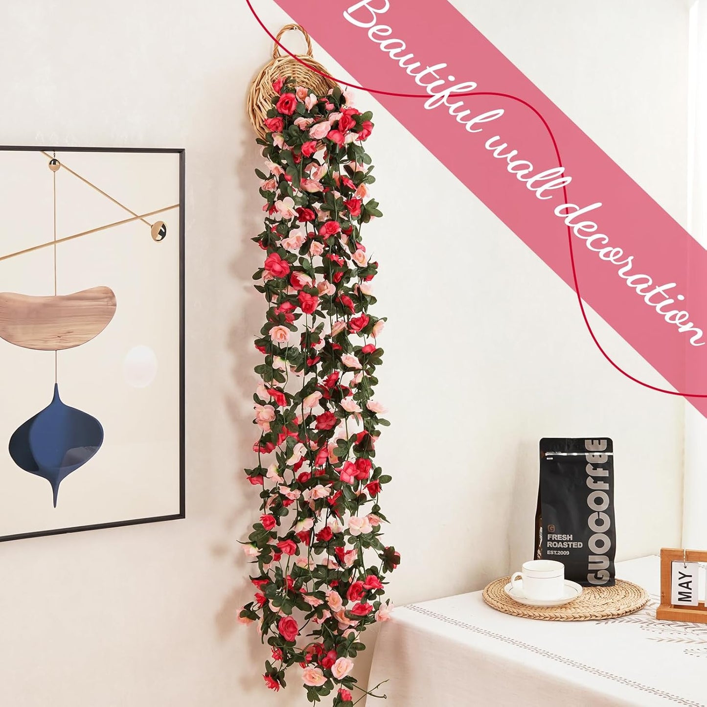 12 Pcs 99 Ft Flower Garland Rose Vines, Pink Rose Garland for Decoration, Flower Vine for Room Table Birthday Wedding Party Garden Wall Decor