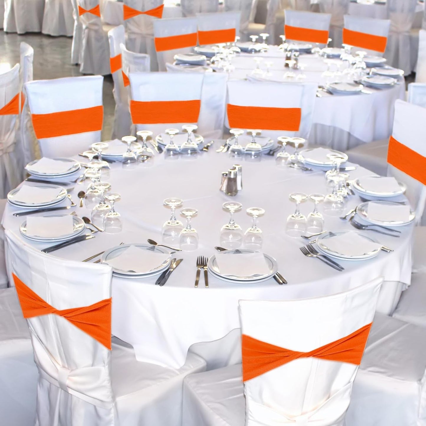 Kinlop 50 Pcs Spandex Chair Sashes Bows Chair Bands Slider Sashes for Covers Elastic Bands Ties Without Buckle Decorations for Wedding Party Events Ceremony Birthday(Orange)