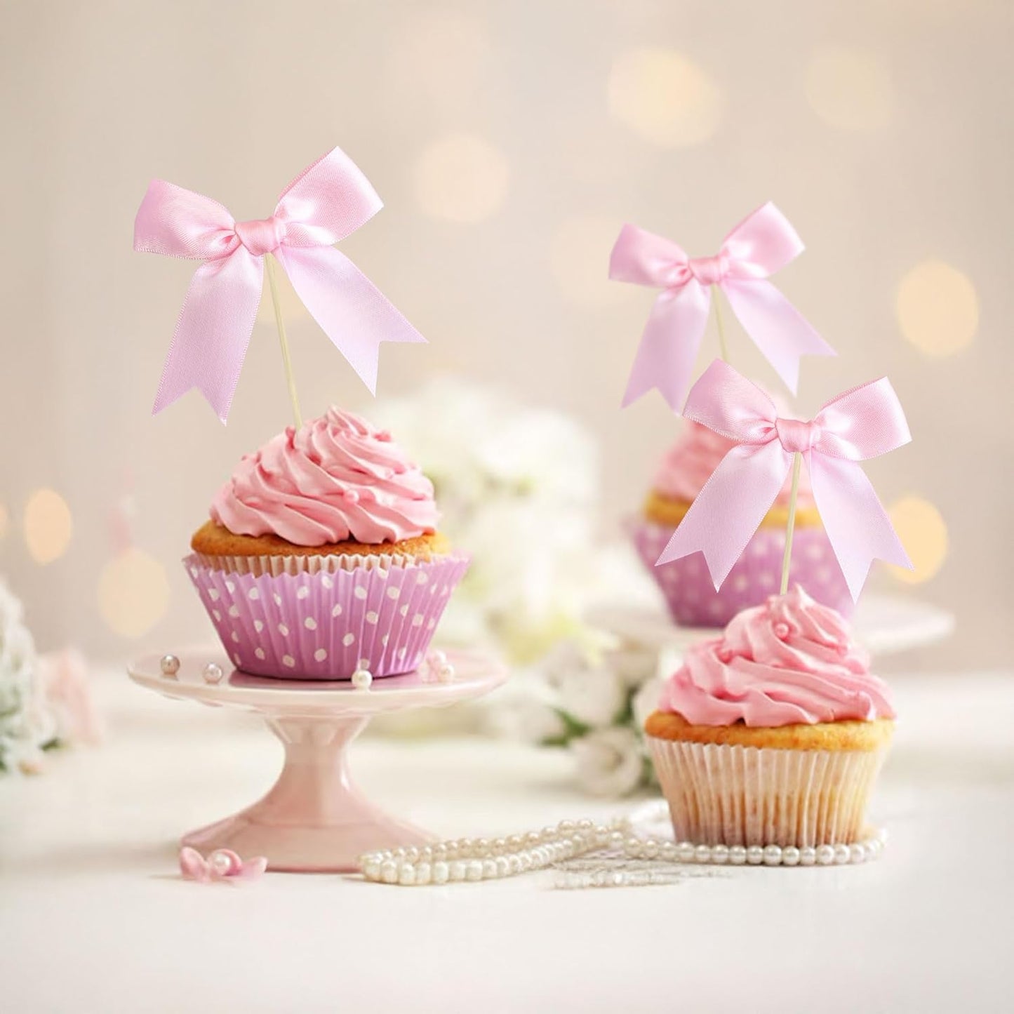 Gyufise 24Pcs Bow Cupcake Toppers Coquette Bow Girls Birthday Cake Decorations Bowknot Cake Toppers Bowknot Cupcake Picks for Baby Shower Birthday Wedding Bridal Engagement Party Supplies Pink