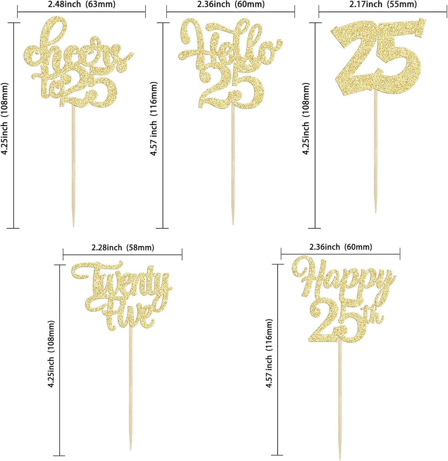 30pcs 25th Birthday Cupcake Toppers - 25th Anniversary Cake Decorations with Gold Glitter
