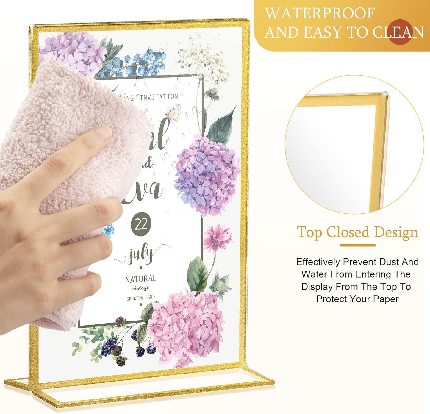 Hoteam 18 Pack Acrylic Sign Holder 4 x 6 Inch Gold Frames Wedding Table Number Holders, Double Sided Picture Frame Clear Display Menu Stand for Home Photo Flyers Wedding Party (Horizontal, Vertical)