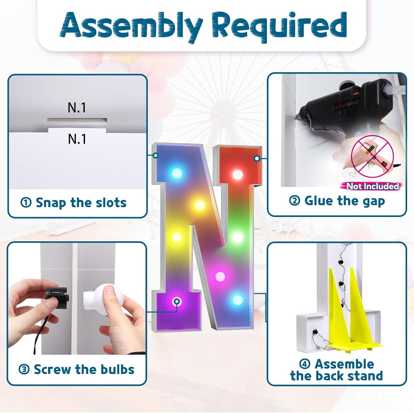 imprsv 3FT Colorful Marquee Light Up Letters N & Alphabet Sign with Remote, Baby & Large Letters for Baby Shower, Birthday, Engagement, Wedding Party Decor