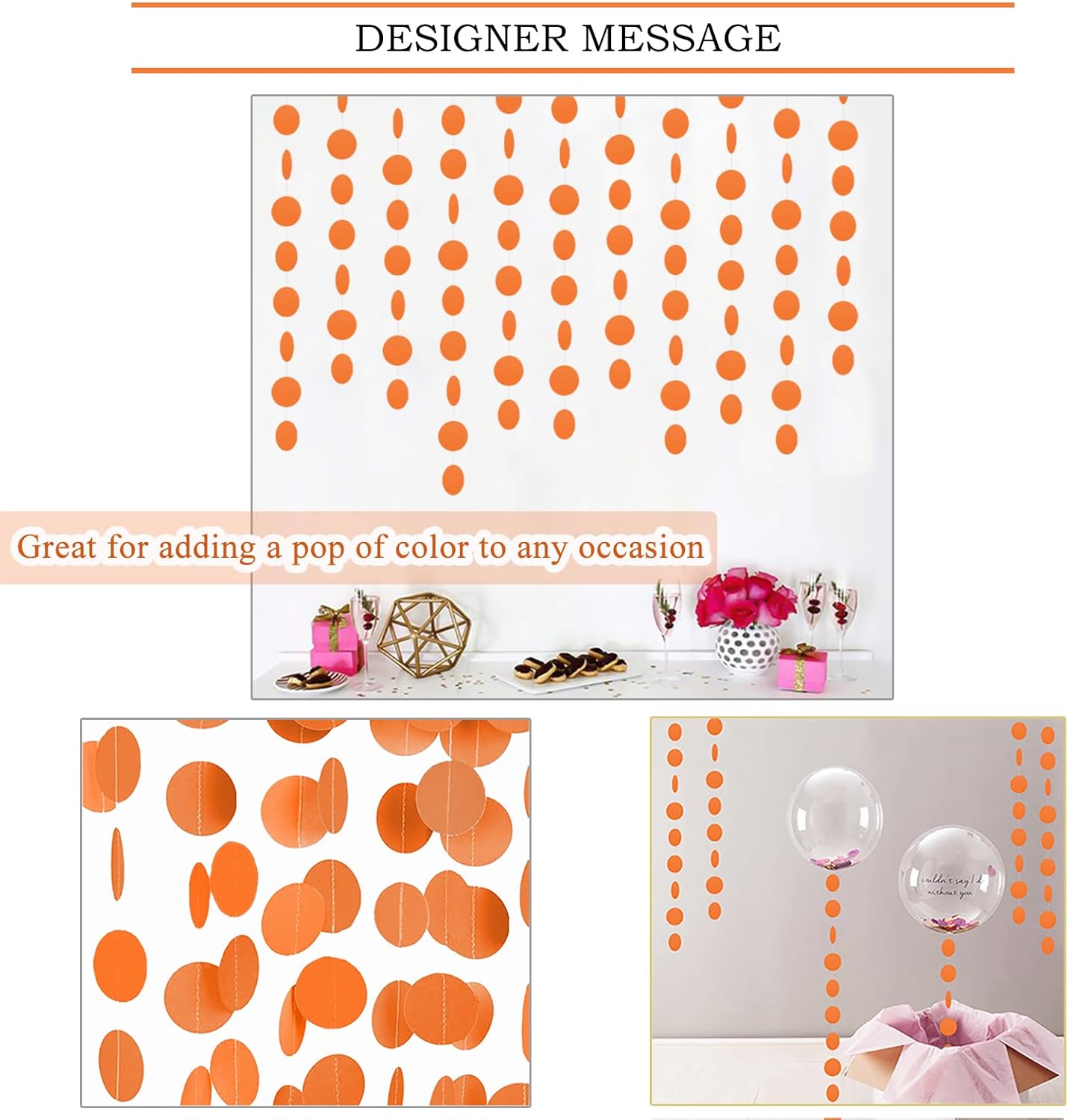 MerryNine Paper Garland 5 Pack, 65 Ft Glitter Paper Garland Circle Dots Hanging Decor, Banner for Baby Shower, Birthday, Nursery Party Decor (Orange)