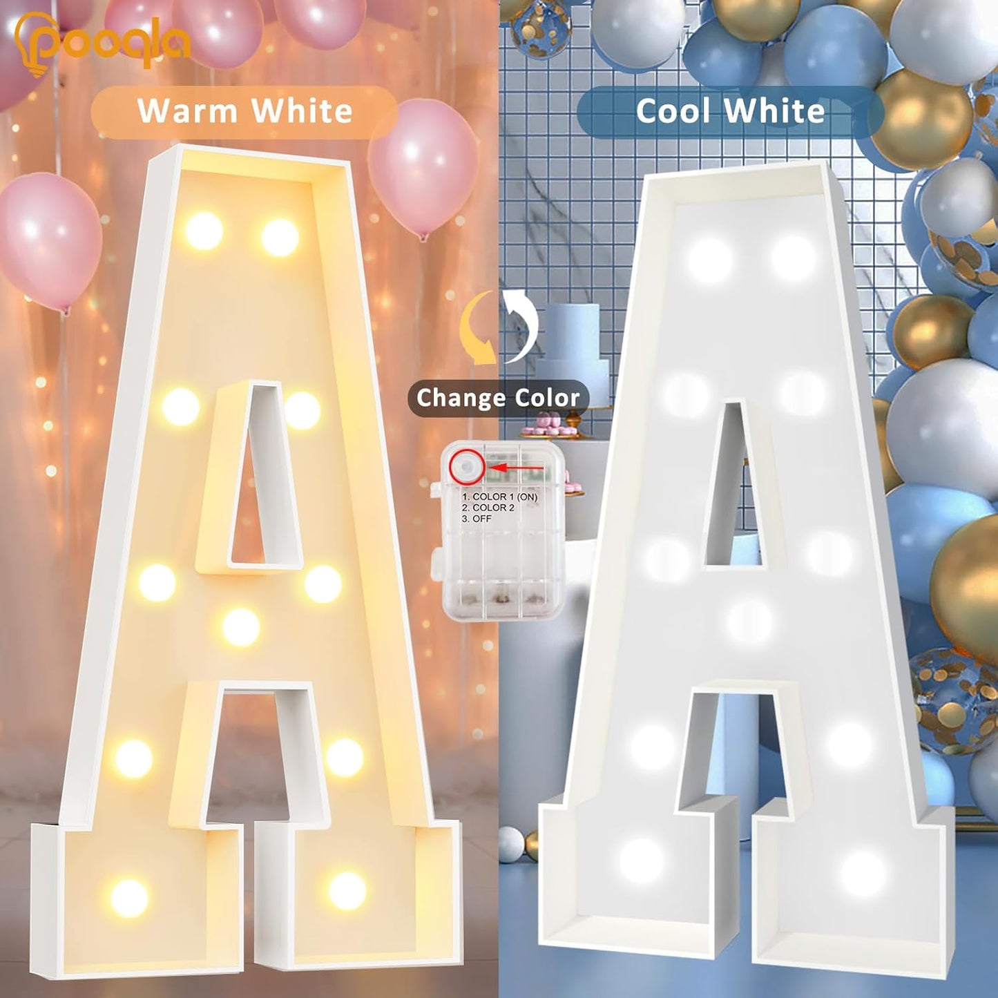 Pooqla 4 FT Marquee Light Up Letters, Cool White and Warm White Marquee Letter 4 Feet Tall, Giant LED Sign Big Mosaic Letter W for Balloons Birthday Party Anniversary Wedding Decorations