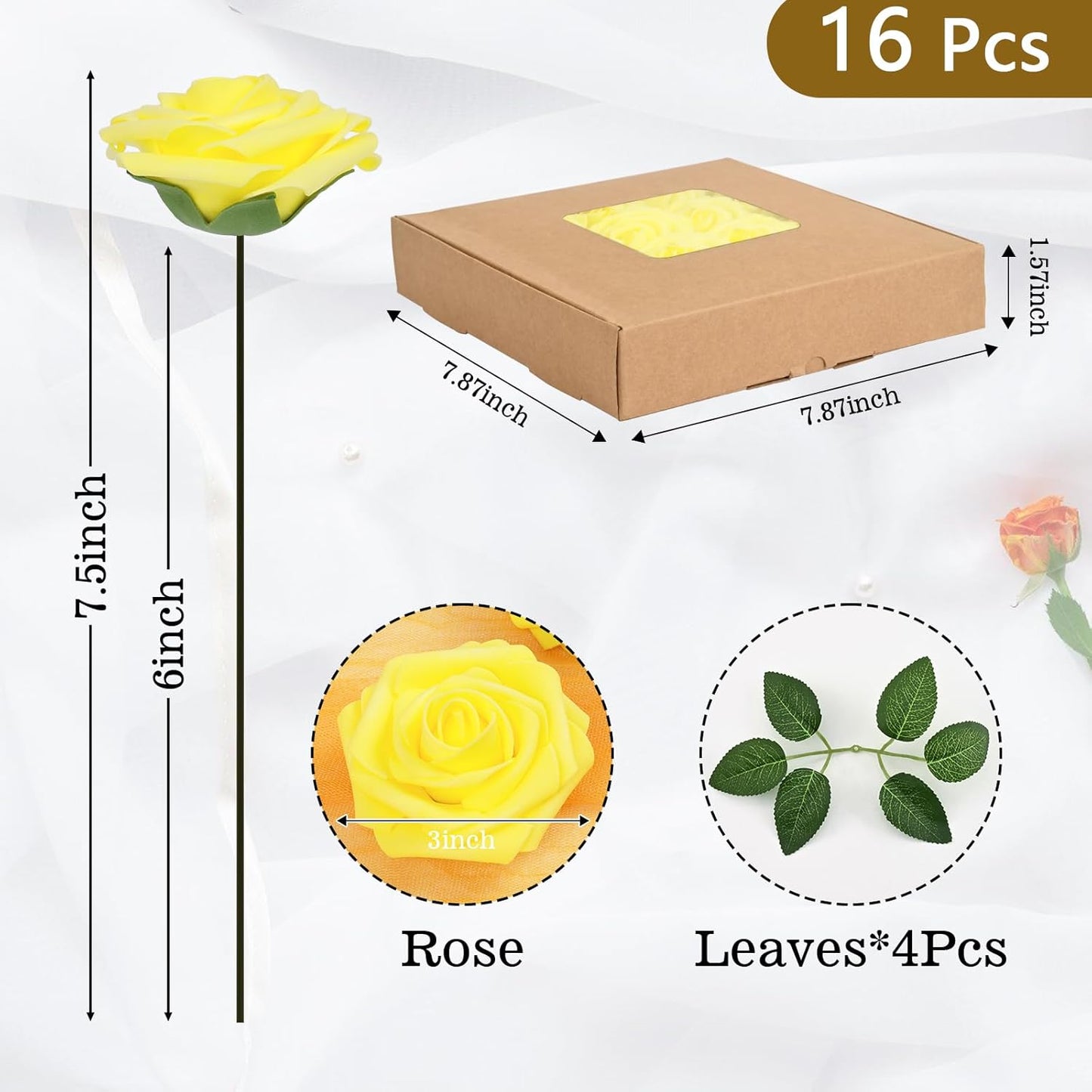 BLEUM CADE 16Pcs Artificial Flowers Fake Roses with Stems, Yellow Boxed Foam Roses for DIY Bouquets Centerpieces Wedding Party Arrangement Bridal Shower Decor