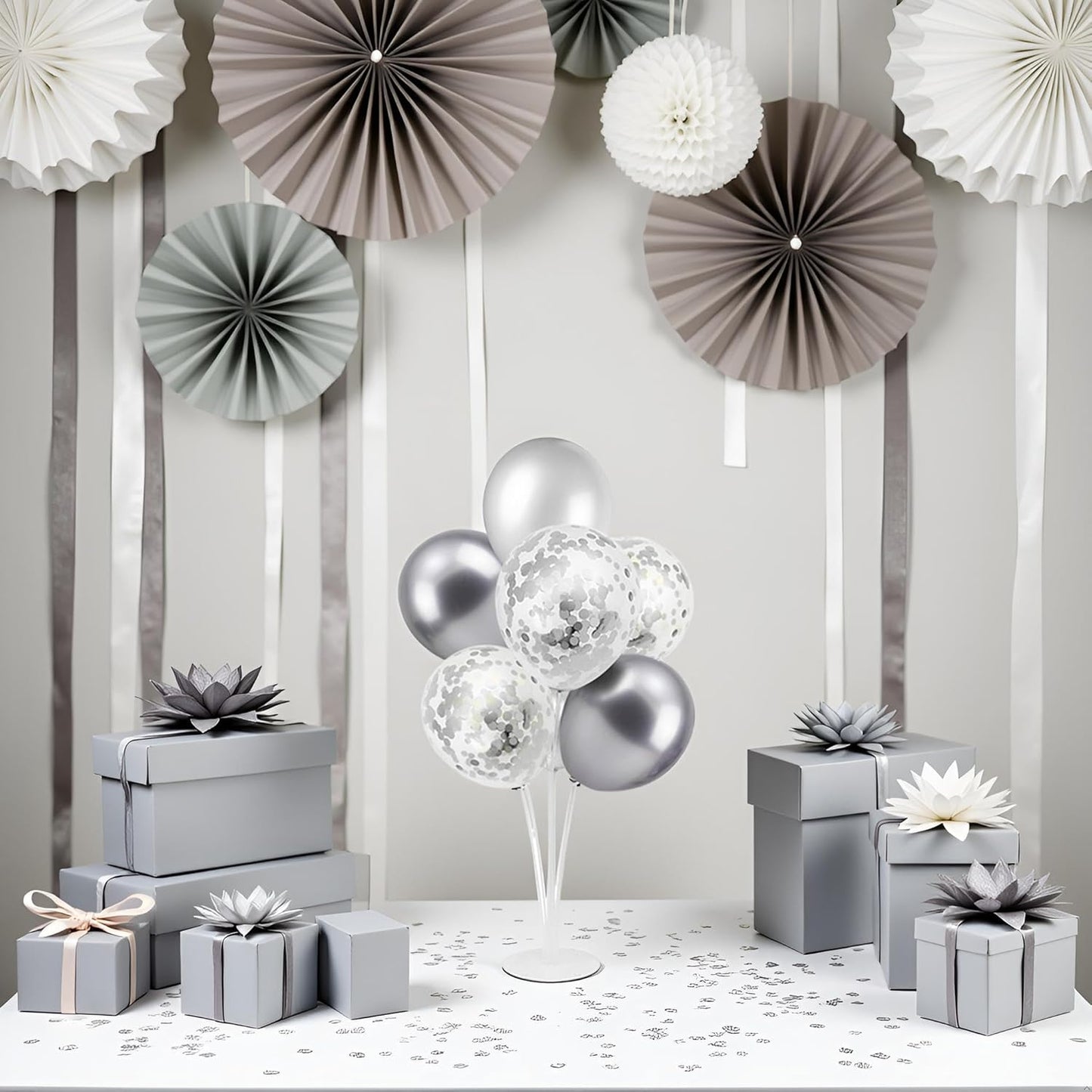 Silver Balloon Stand Centerpiece Table Decorations for 25th Wedding Anniversary Birthday Bridal Shower Father's Day Mother's Day Platinum Party Decorations(Silver gray set4)