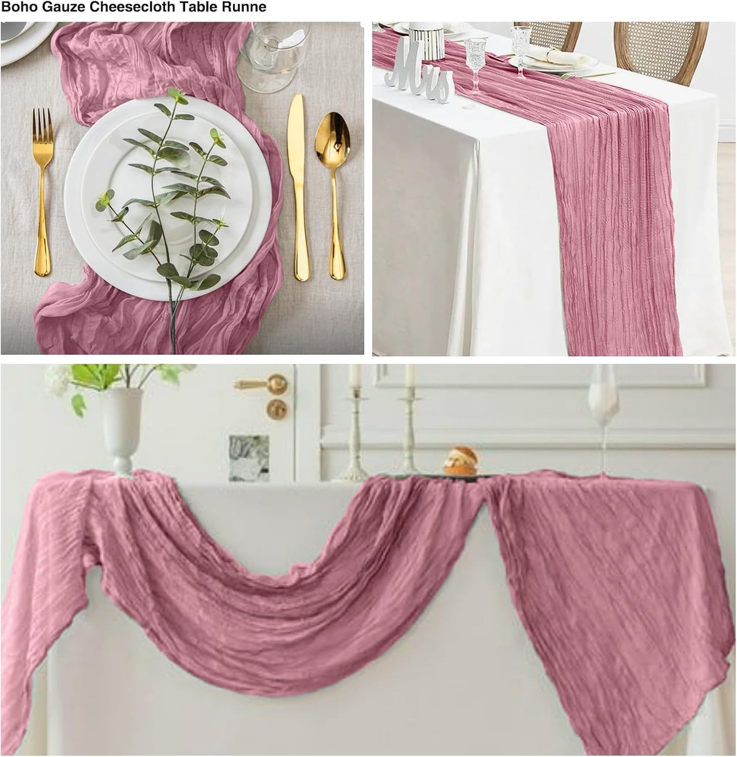 20 Pack Dusty Rose Cheesecloth Table Runner 17x108 Inch Boho Wrinkled Sheer Gauze Cheese Cloth Table Runner Bulk Romantic Decor for Wedding, Bridal Shower, Birthday Party