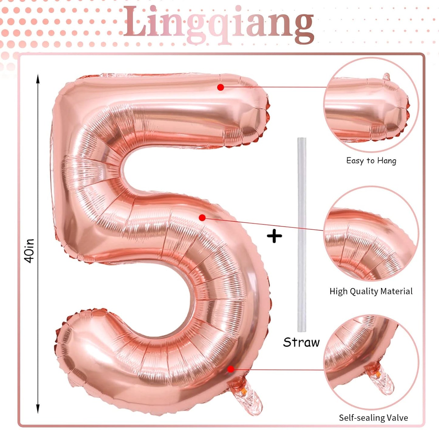 40 Inch Rose Gold Large Numbers Balloons 5, Self Inflating Digit 5 Helium Balloons for 5th Girls, Foil Mylar Big Number Balloons Set 0-9 for Women Birthday Party Anniversary Supplies Decorations