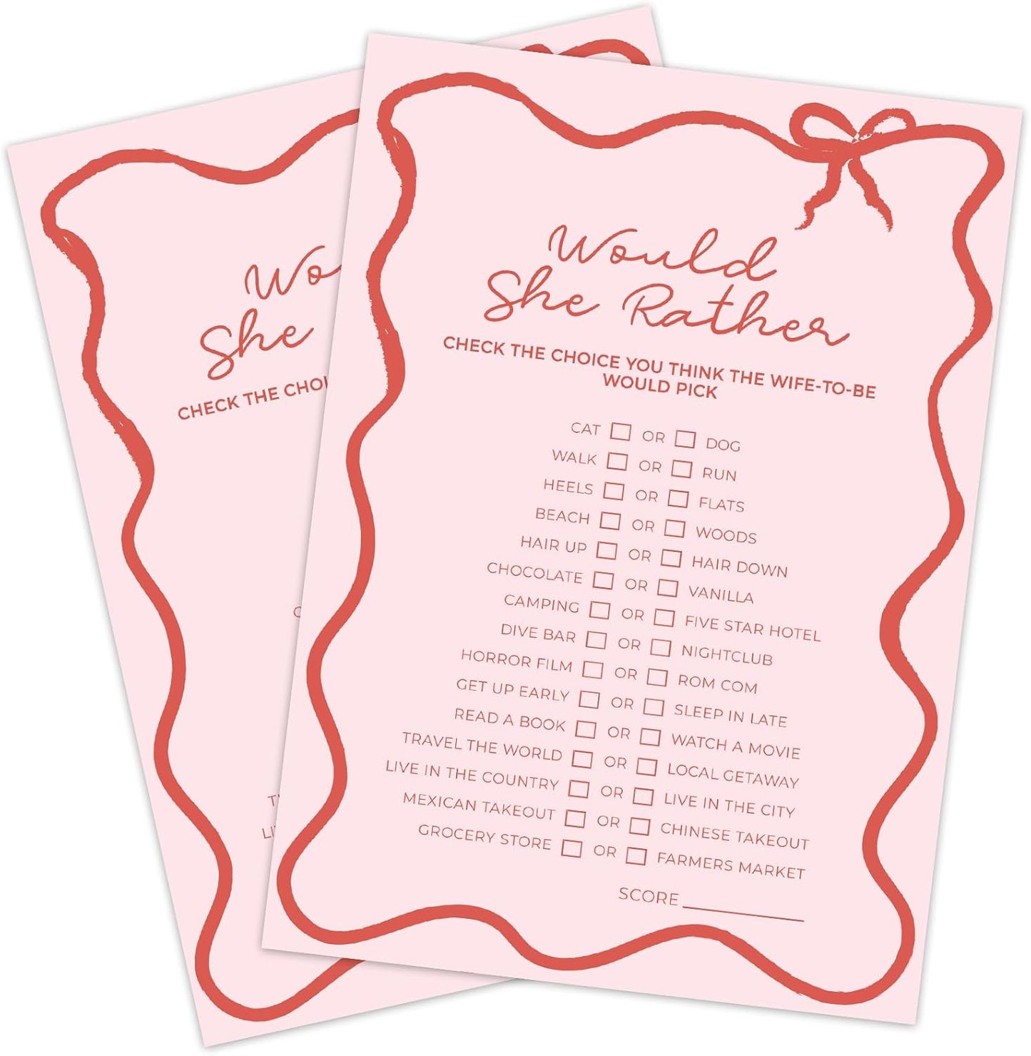 DEEKA 30 PCS Bridal Shower Games Card for 30 Guests Pink Wavy Border Ribbon Bow Funny Wedding Bachelorette Party Games for Reception (Would She Rather)