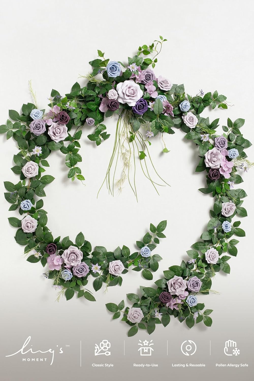 Ling's Moment 9FT Flower Garland for Backdrop Decorations - Wedding Arch Flowers, Eucalyptus & Rose, Artificial Floral Garland for Mantle - Sweetheart Table Decor for Beach Reception, Purple