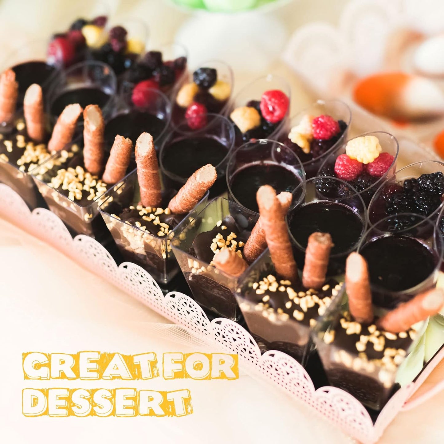 Nuogo 100 Pcs Mini Dessert Cups with Spoons Include 3 oz Square Plastic Appetizer Cups 2.5 oz Slanted Round Parfait Shooter Cup Small Clear Mousse Pudding Cup for Wedding Baby Shower Birthday Party