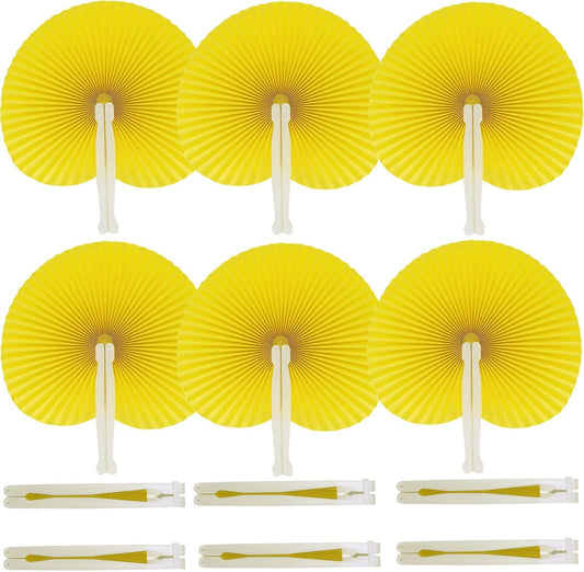 12 Packs Decorative Paper Folding Hand Fans Handheld,Yellow Round Foldable Wedding Fans Chinese and Japanese Fans Bulk for Bridal Guest Church Party Favors Dancing Birthday DIY