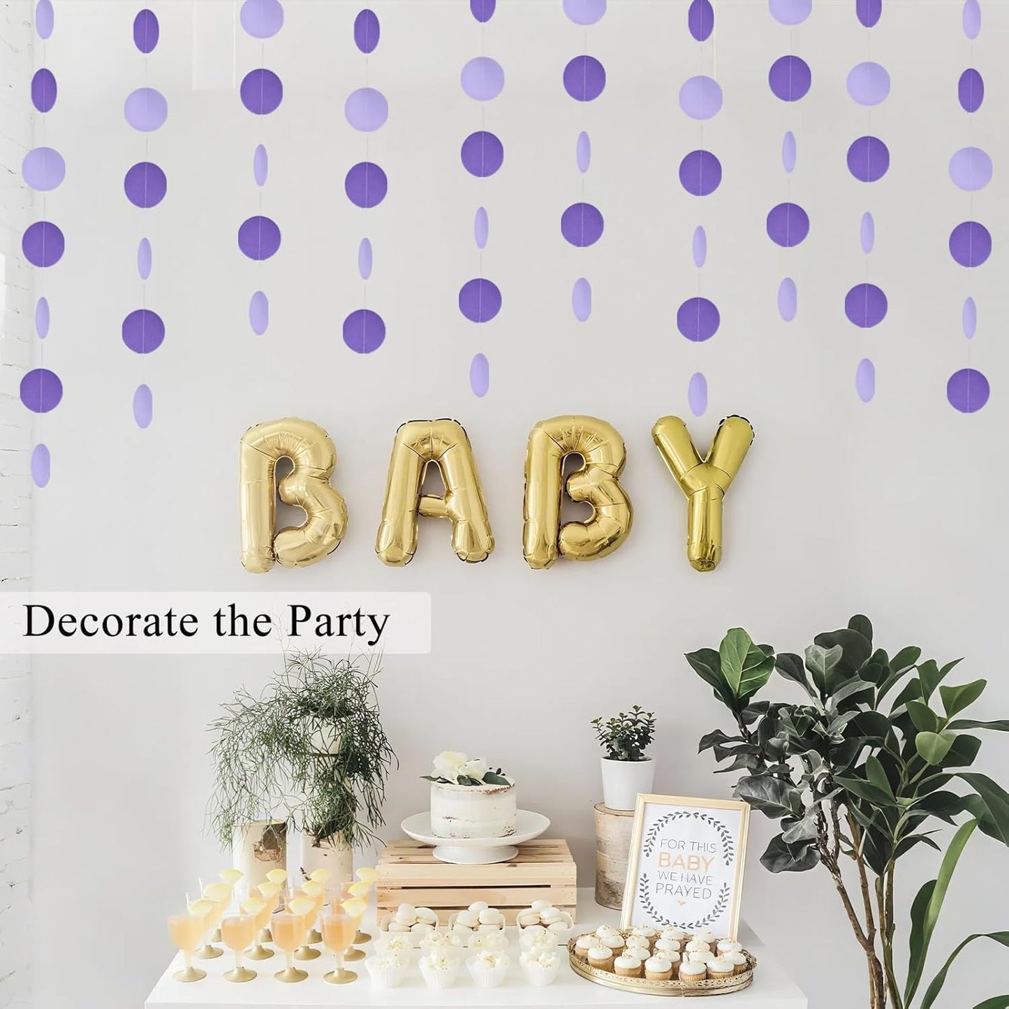 MerryNine Paper Garland 5 Pack, 50ft Glitter Paper Garland Circle Dots Hanging Decor, Banner for Baby Shower, Birthday, Nursery Party Decor (Purple)