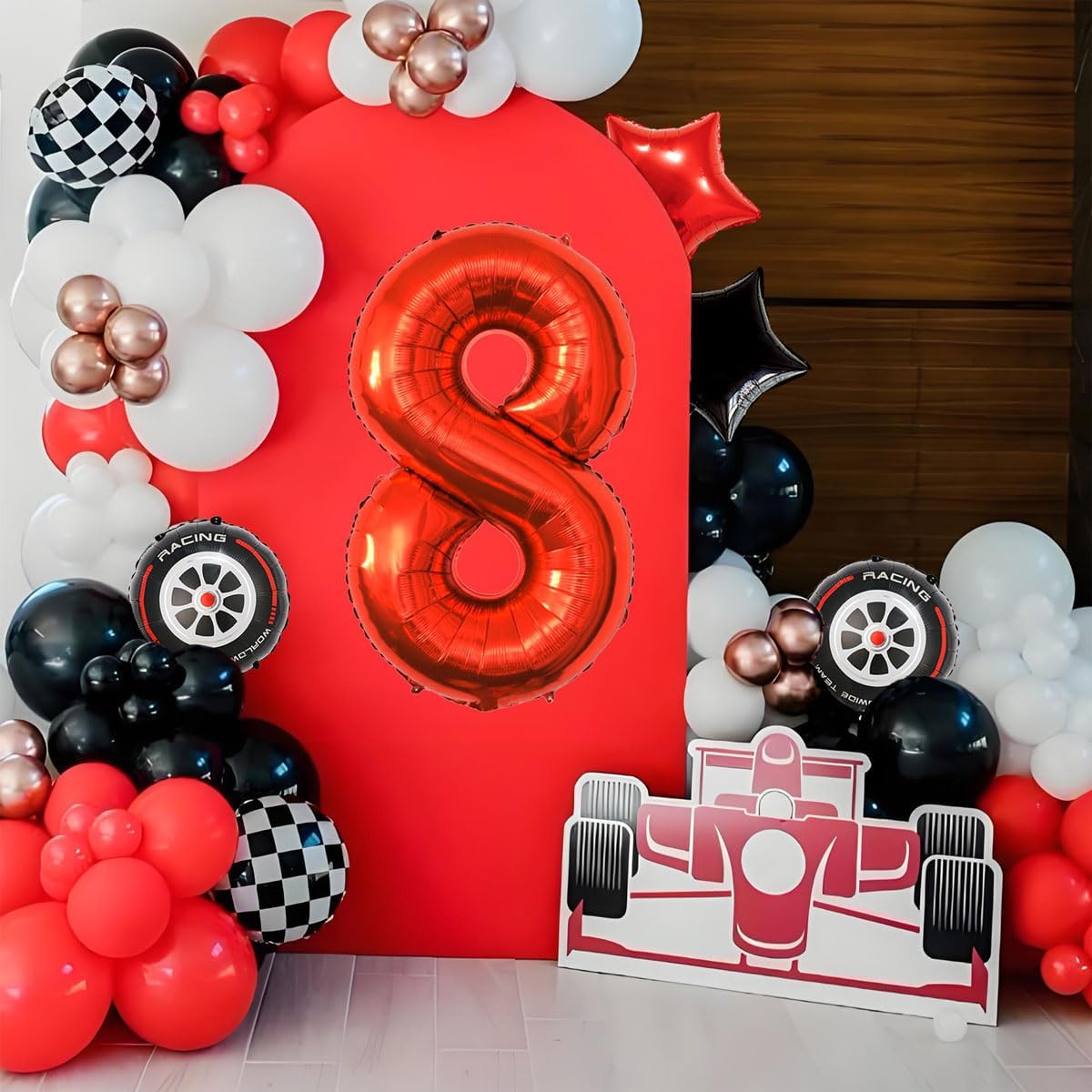 Race Car Birthday Decorations - 40 Inch Mylar Red Number 8 Balloons - Black Foil Checkered Race Car Balloons for 8st Birthday Race Cars Themed Party Decorations Supplies
