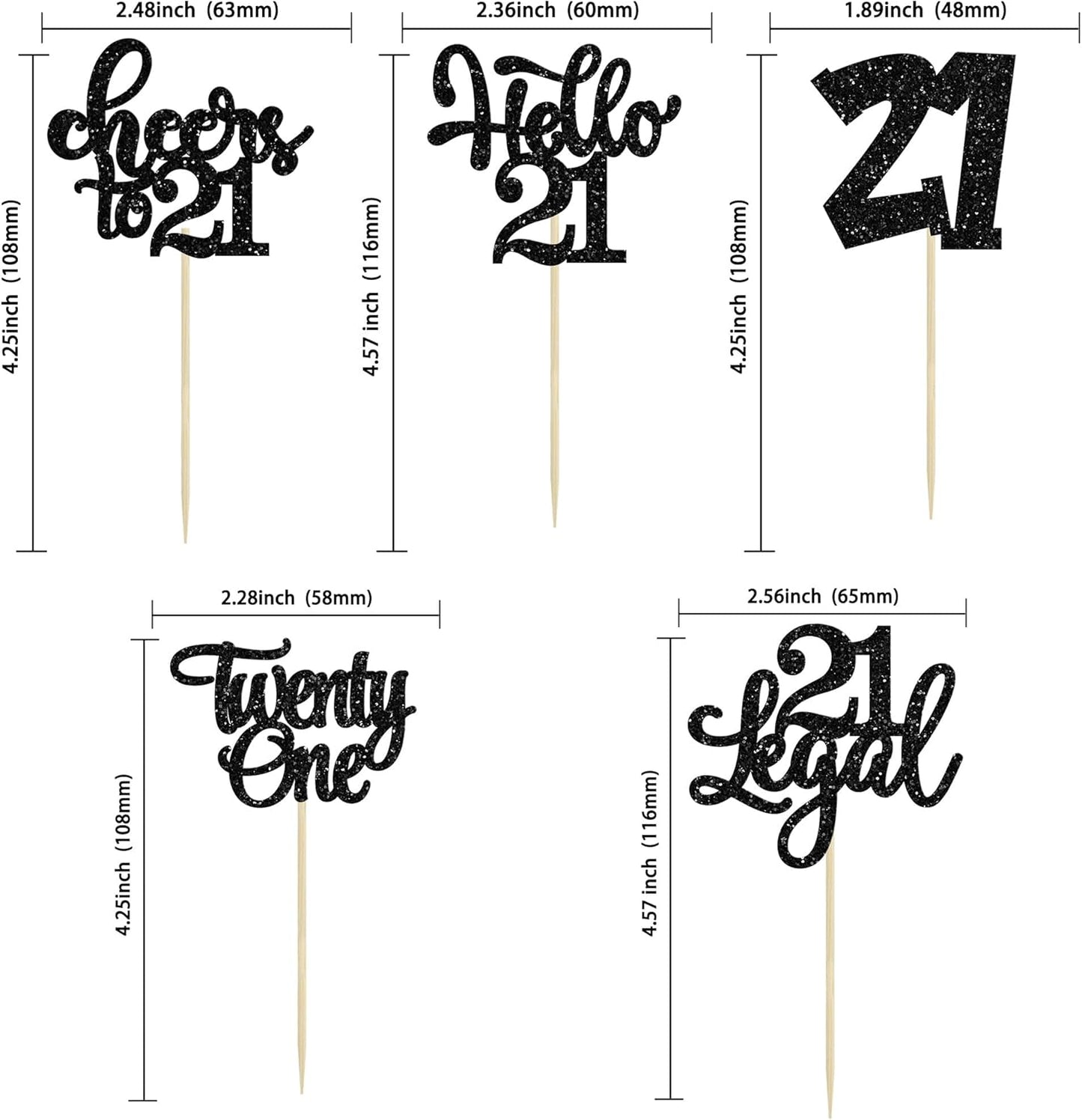 30pcs 21st Birthday Cupcake Toppers - Legal 21st Cupcake Picks - Cheers to 21 Years Old Cake Decorations - Black Glitter
