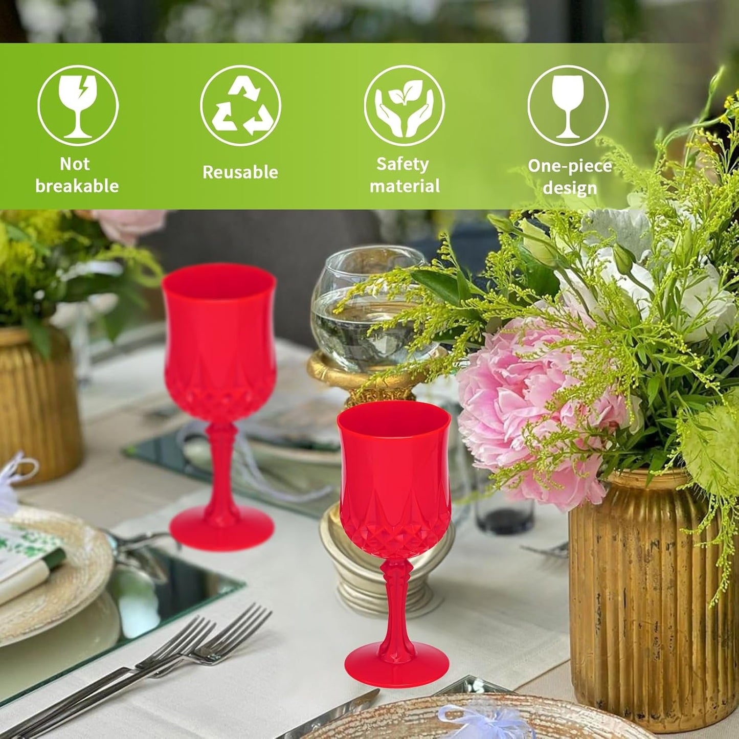 JLYLOL Plastic Vintage Wine Glasses 7OZ Plastic Goblets Vintage Drinking Glasses 12PCS Retro Wedding Glassware Water Goblets Reusable Drinking Cups for Party,Reception,Celebration,Bar,Whiskey(Red)