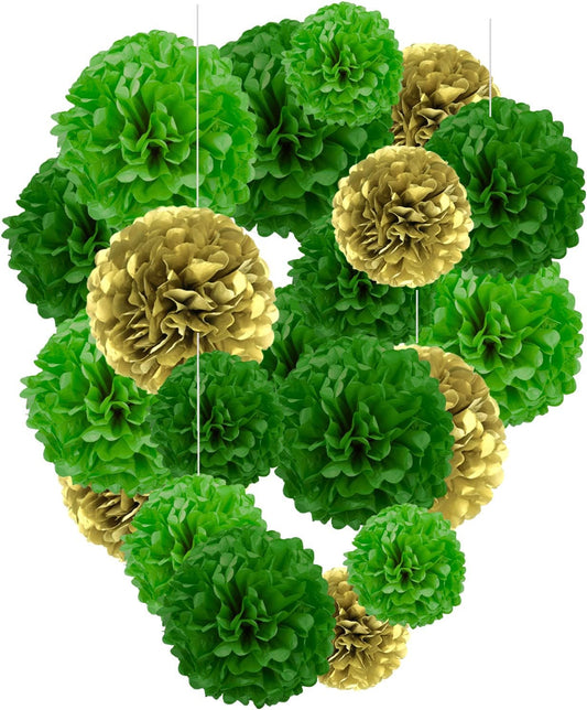 Capesaro Green and Gold Tissue Pom Poms - 10", 12" Party Decorations - 12 Piece Set