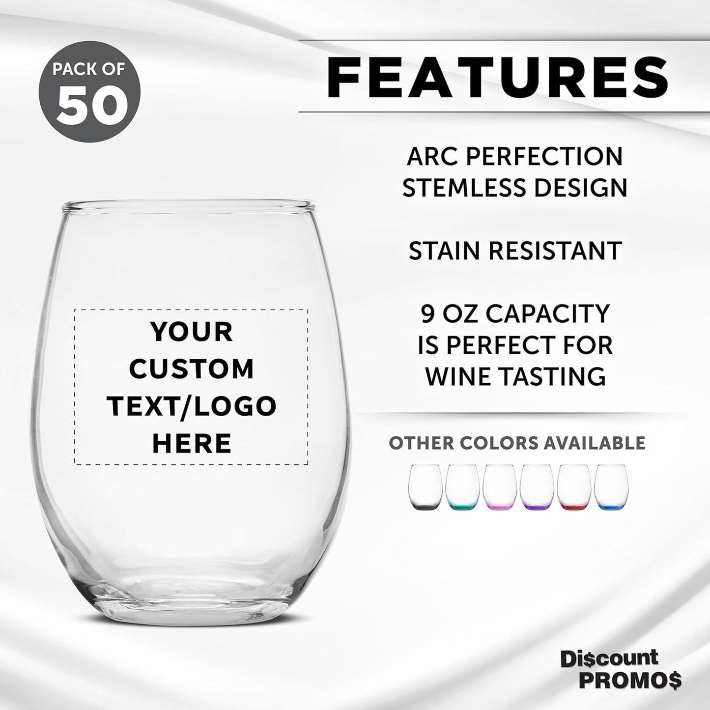 Custom Stemless Wine Glass 9 oz. Set of 50, Personalized Bulk Pack - Great for Wedding Favors, Bachelorette Party Decorations, Party Favors, Color Bottom - Clear