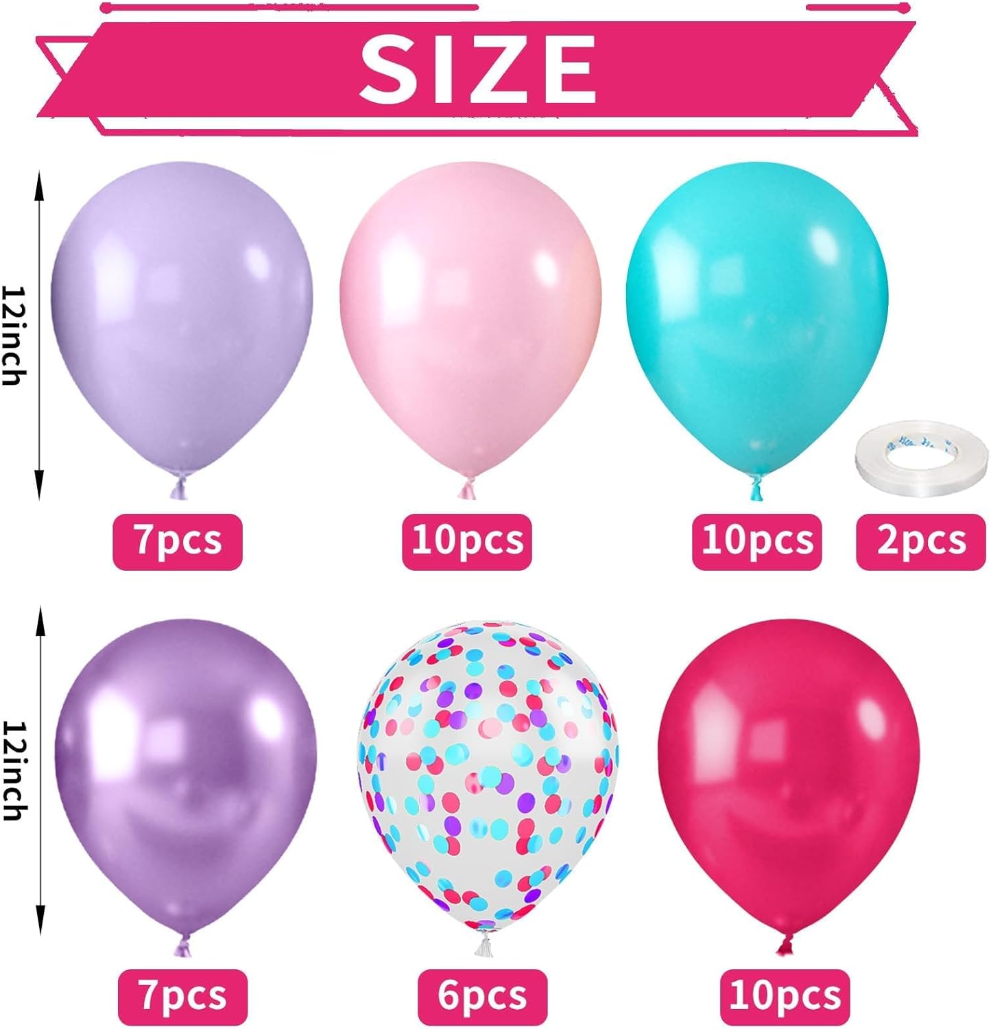 Metallic Chrome Purple Pearl Pink Maca Teal Blue Latex Balloons - 52 PCS 12 Inch with Confetti for Girls Birthday Theme Party Decoration