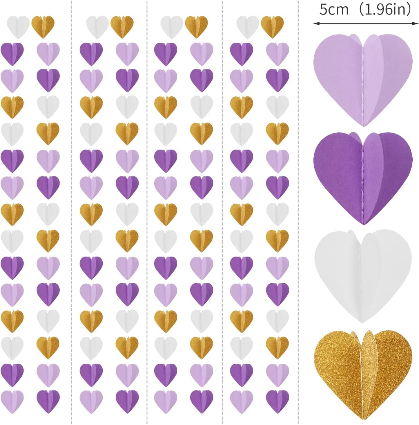 Purple-Gold Party-Decorations 3D Heart Garland - 39Ft White Purple Lavender Graduation Hanging Paper Streamers Banner, Women Birthday Wedding Engagement Baby Bridal Shower Decor Ouruola