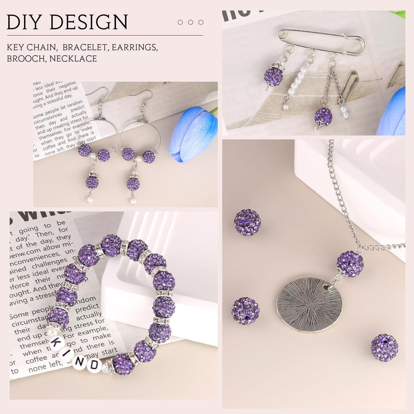 200pcs 10mm Purple Rhinestone Beads for Jewelry Making, Shiny Round Shamballa Disco Ball Beads Bulk, Sparkle Crystal Clay Christmas for Bracelet Baseball Necklace Earring Crafting and DIY