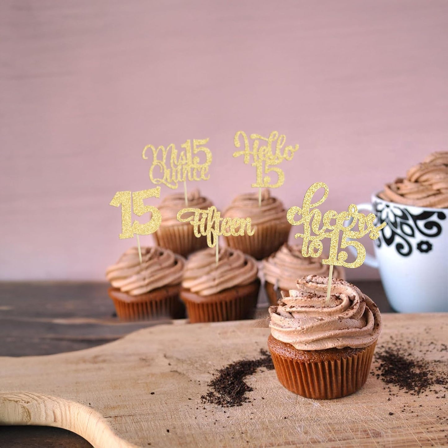 30Pcs 15th Birthday Cupcake Toppers Fifteen Cupcake Picks Cheers to 15 Years Old Mis Quince 15 Cake Decorations for 15th Birthday Anniversary Party Gold Glitter