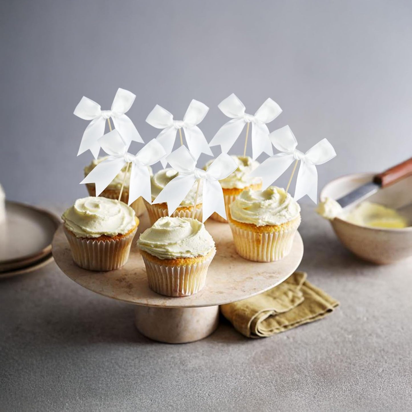 Ephlyn 24Pcs White Bow Cupcake Toppers Bow Cake Topper Birthday Decorations Mini Bowknot Cupcake Picks for Coquette Theme Party Decoration Bachelorette Bridal Engagement Wedding Party White