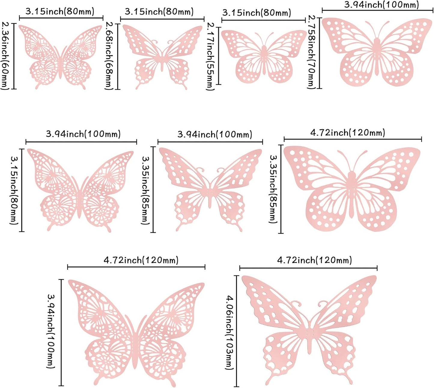 Gyufise 36 Pack Rose Gold Glitter 3D Cupcake Toppers - Hollow Butterfly Cake Decorations for Birthday Wedding Fairy Party - Wall Sticker Decal for Background Wall Decoration
